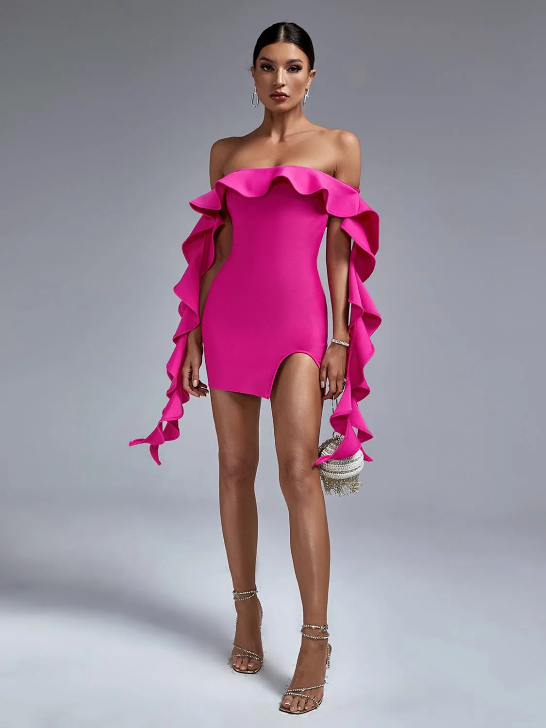 Gorgeous Ruffles Pink Off Shoulder Bodycon Dress
