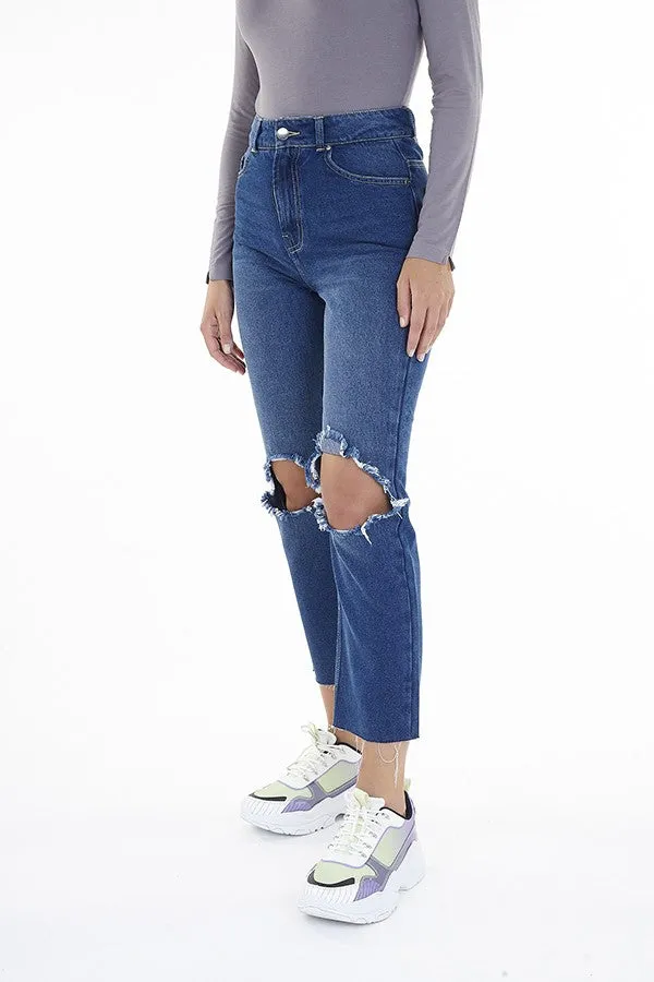 INDIGO BLUE DISTRESSED KNEE AND HEM MOM JEANS