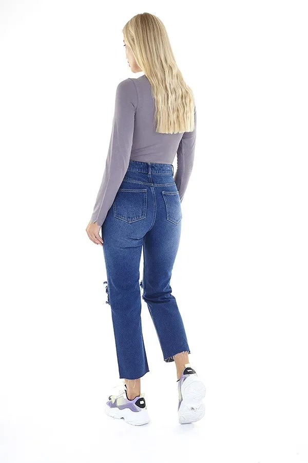 INDIGO BLUE DISTRESSED KNEE AND HEM MOM JEANS