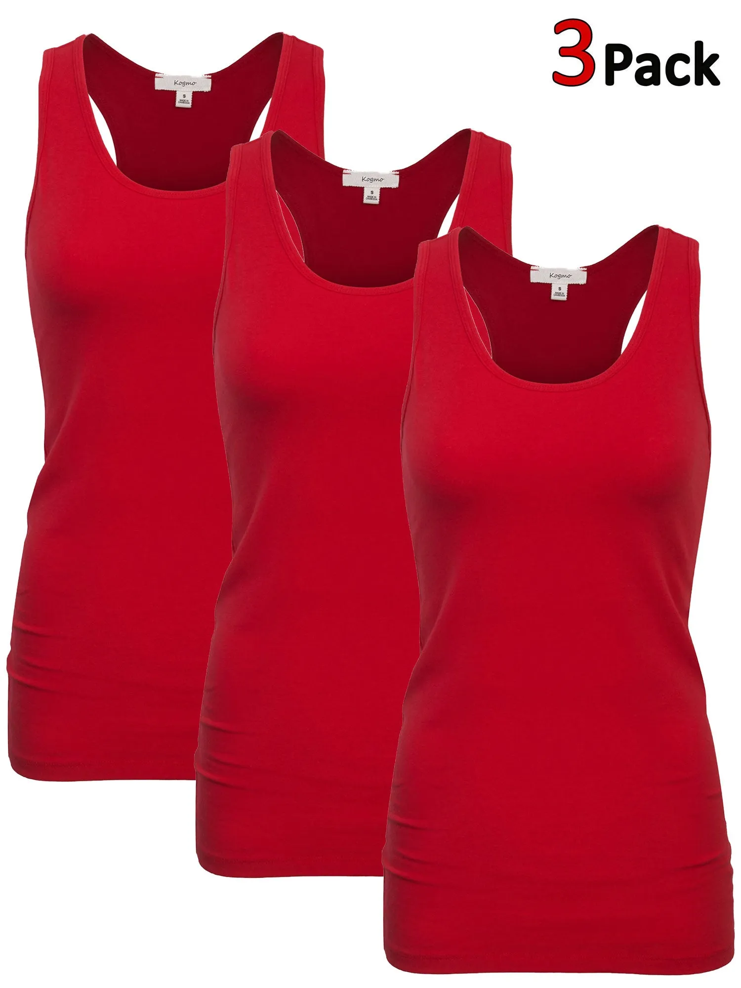 KOGMO Women's Basic Stretchy Cotton Spandex Racerback Tank Top 3-Pack (S-XL)