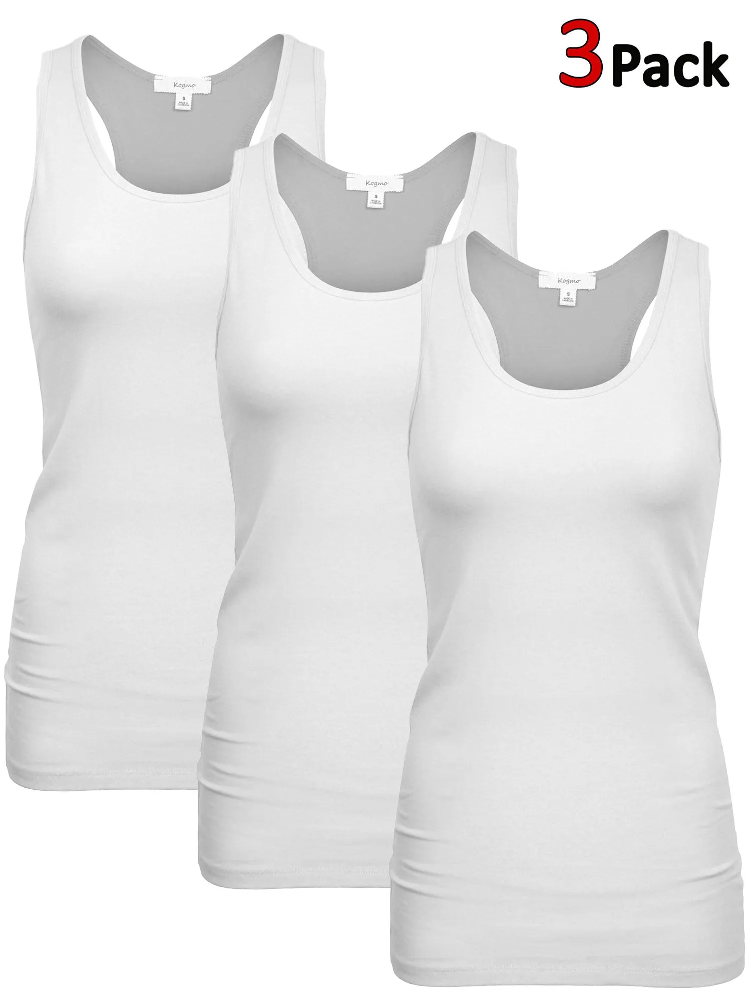 KOGMO Women's Basic Stretchy Cotton Spandex Racerback Tank Top 3-Pack (S-XL)