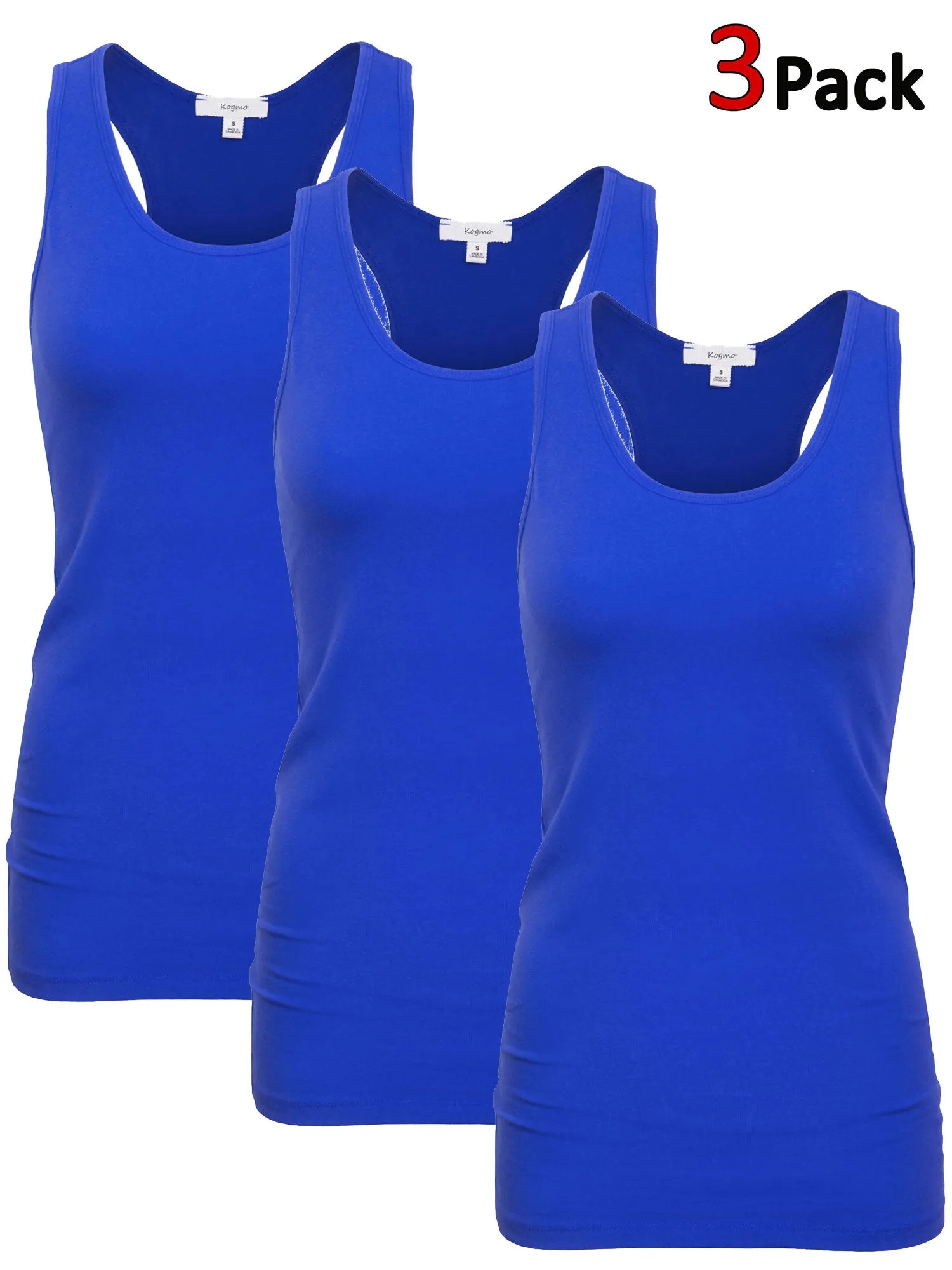 KOGMO Women's Basic Stretchy Cotton Spandex Racerback Tank Top 3-Pack (S-XL)