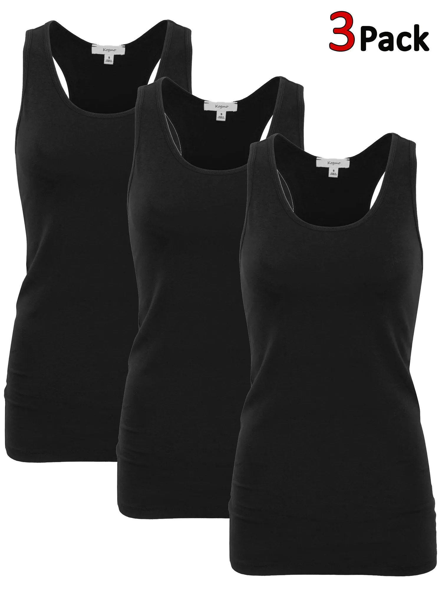 KOGMO Women's Basic Stretchy Cotton Spandex Racerback Tank Top 3-Pack (S-XL)