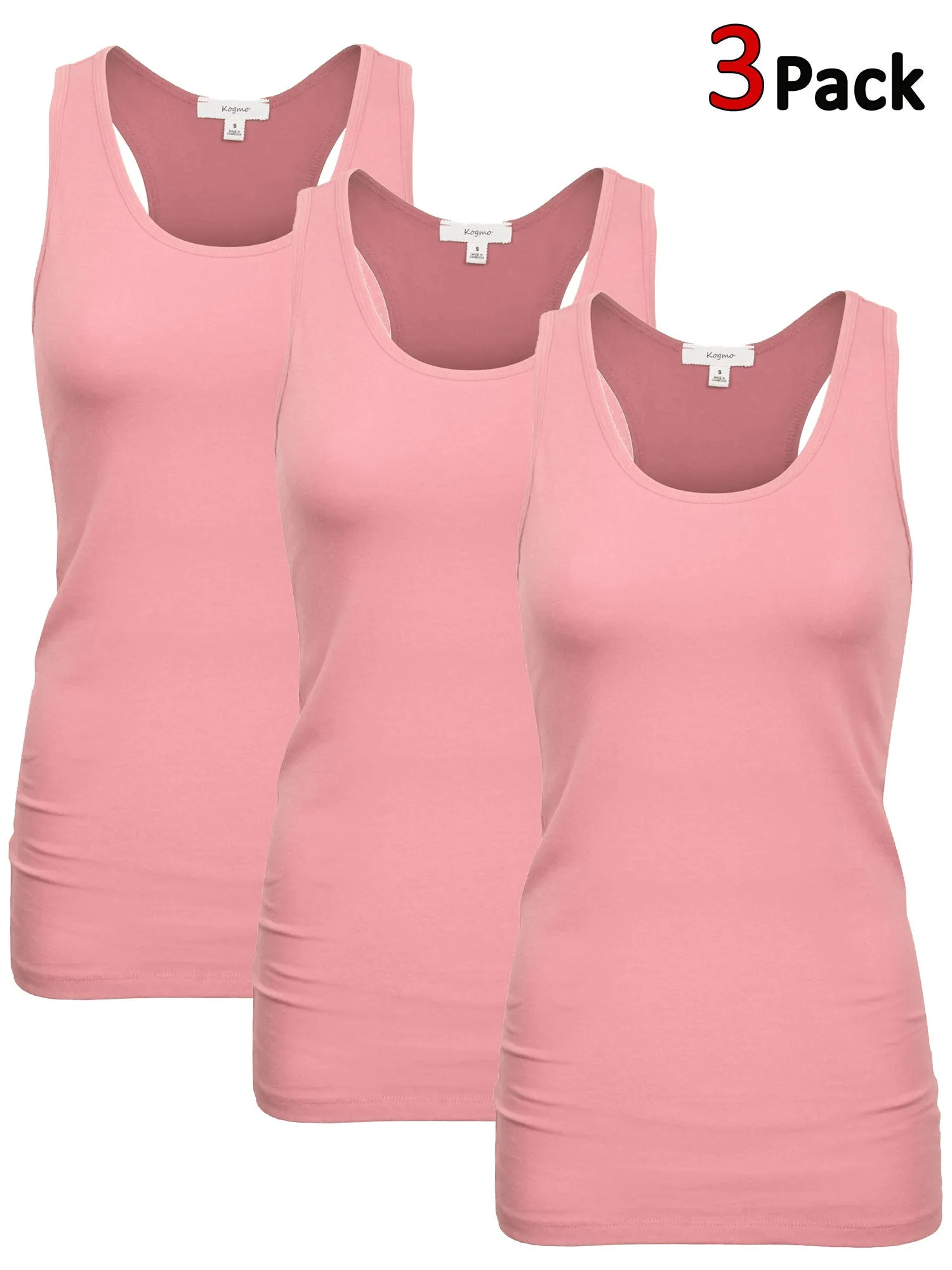 KOGMO Women's Basic Stretchy Cotton Spandex Racerback Tank Top 3-Pack (S-XL)