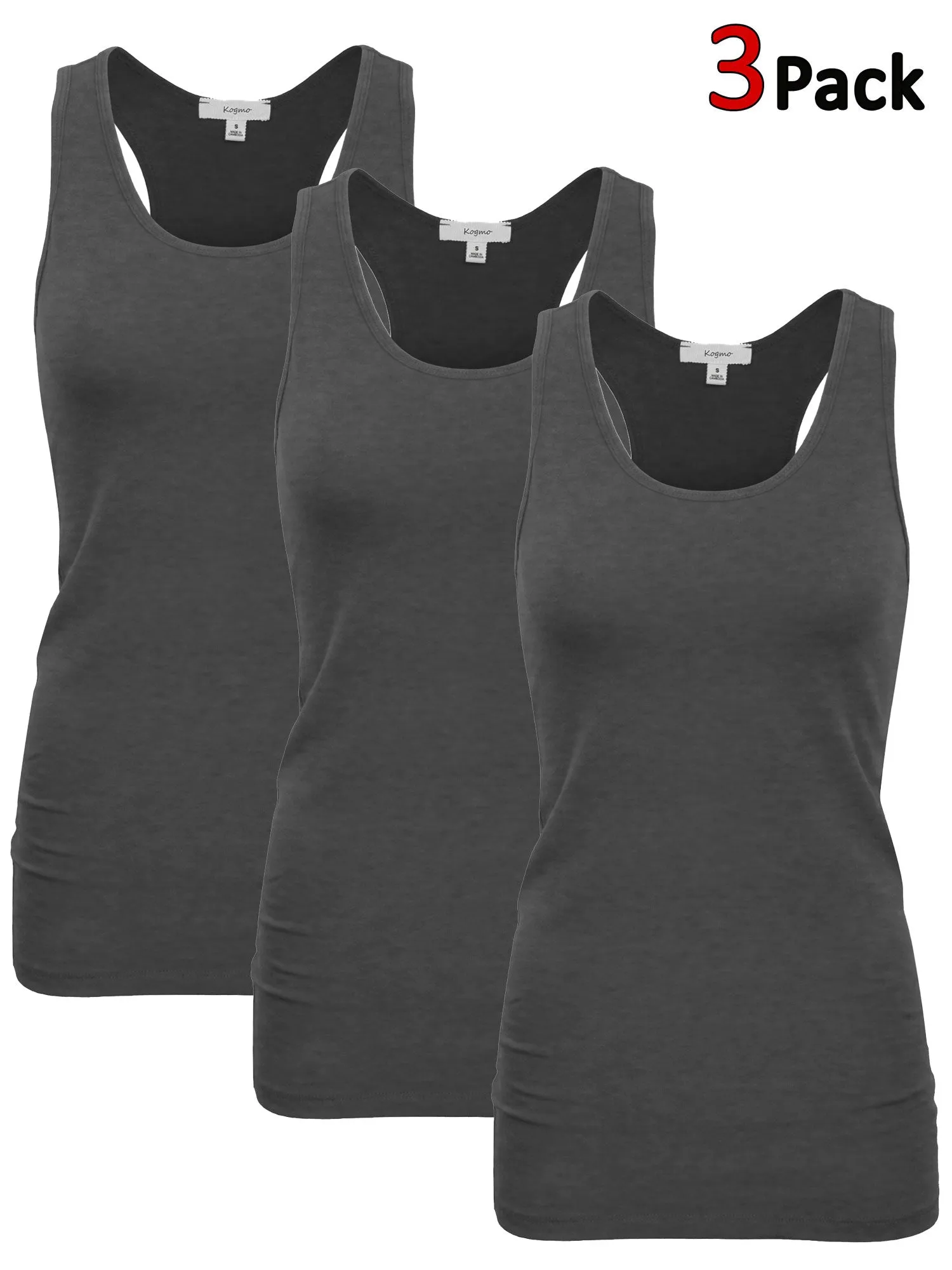 KOGMO Women's Basic Stretchy Cotton Spandex Racerback Tank Top 3-Pack (S-XL)