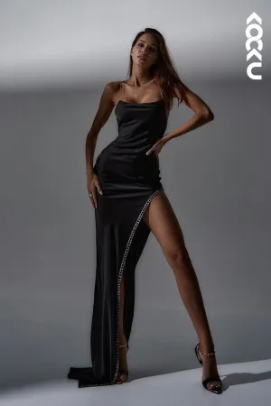 L1847 - Simple Square Neck Beaded Satin Sheath Long Evening Dress With Slit