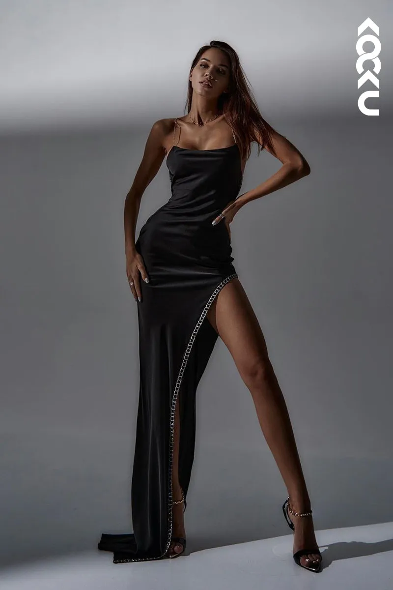 L1847 - Simple Square Neck Beaded Satin Sheath Long Evening Dress With Slit