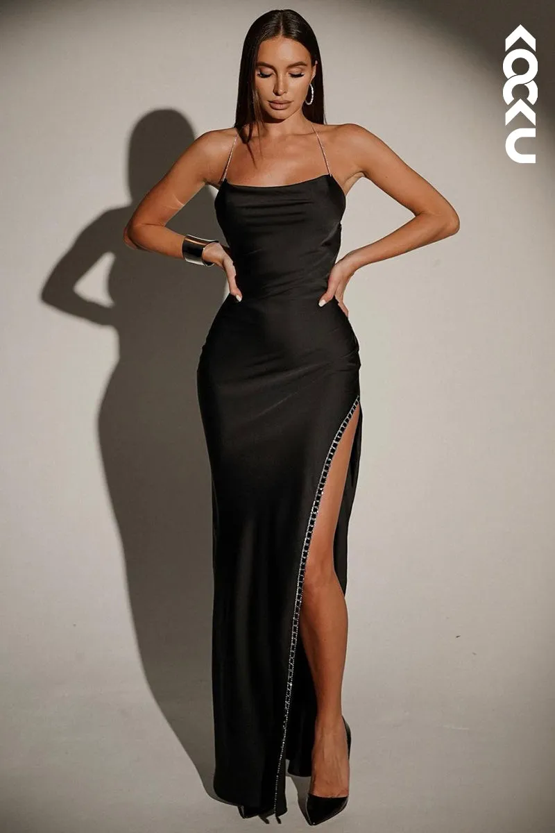 L1847 - Simple Square Neck Beaded Satin Sheath Long Evening Dress With Slit