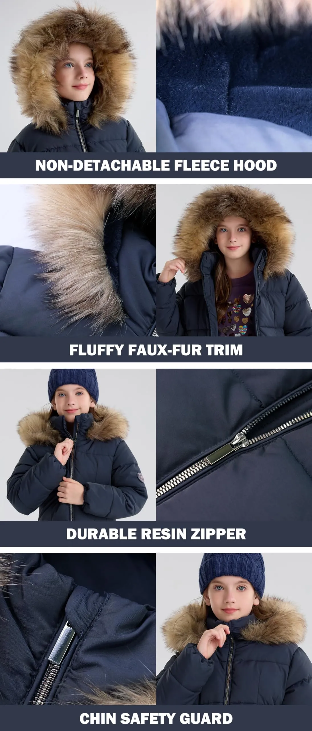 maoo garden Girls Puffer Winter Coat Faux-Down Heavyweight Snow Parka Fuzzy Fur Lining Hood Water-Resistant Long Jacket Navy 8Y