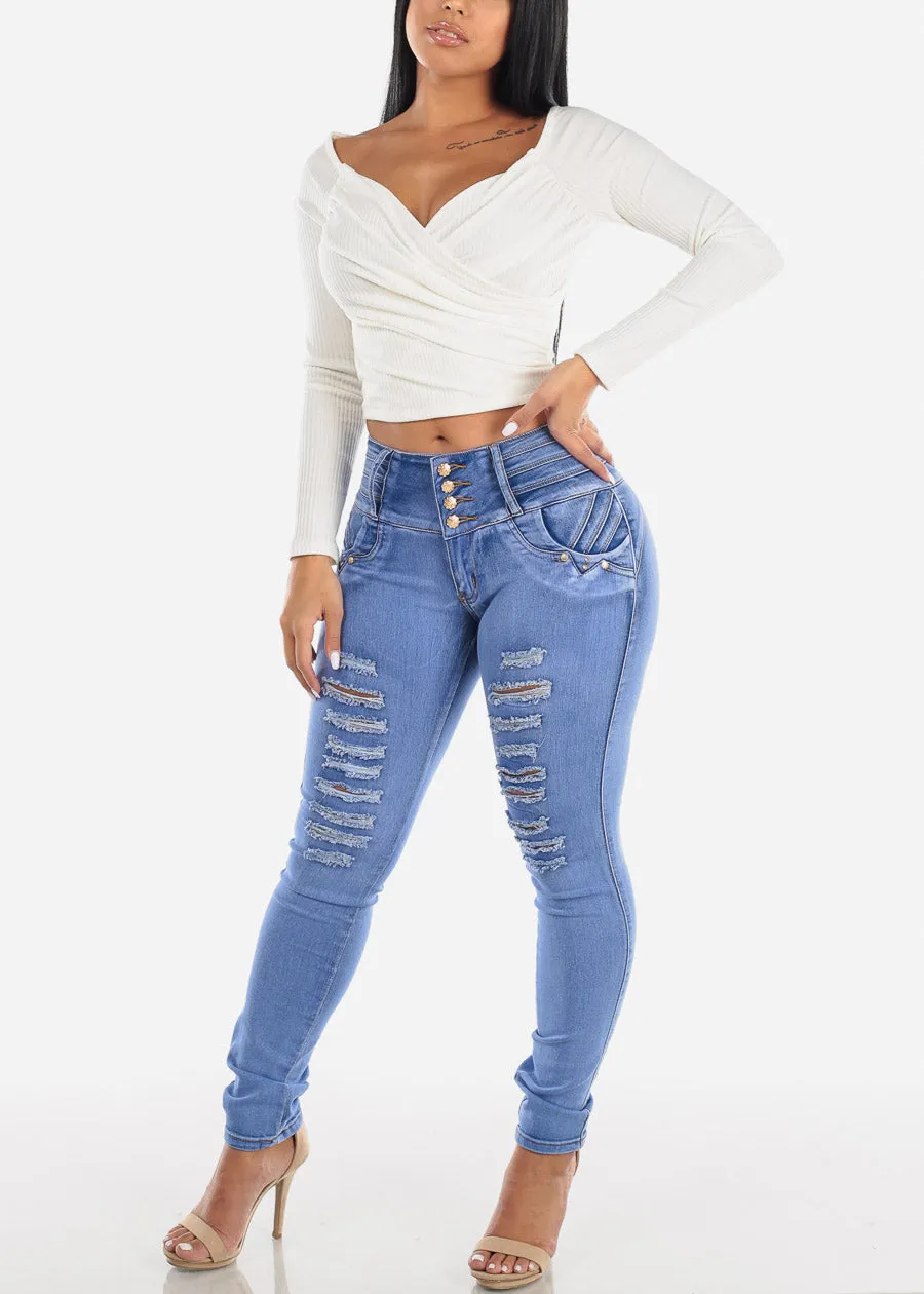 MX JEANS Mid Rise Butt Lifting Ripped Skinny Jeans