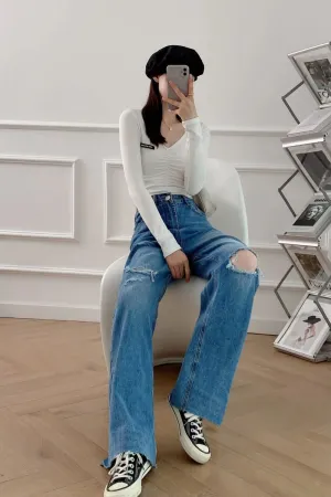 ‘Olesya’ High-Waisted Ripped Straight-Leg Jeans