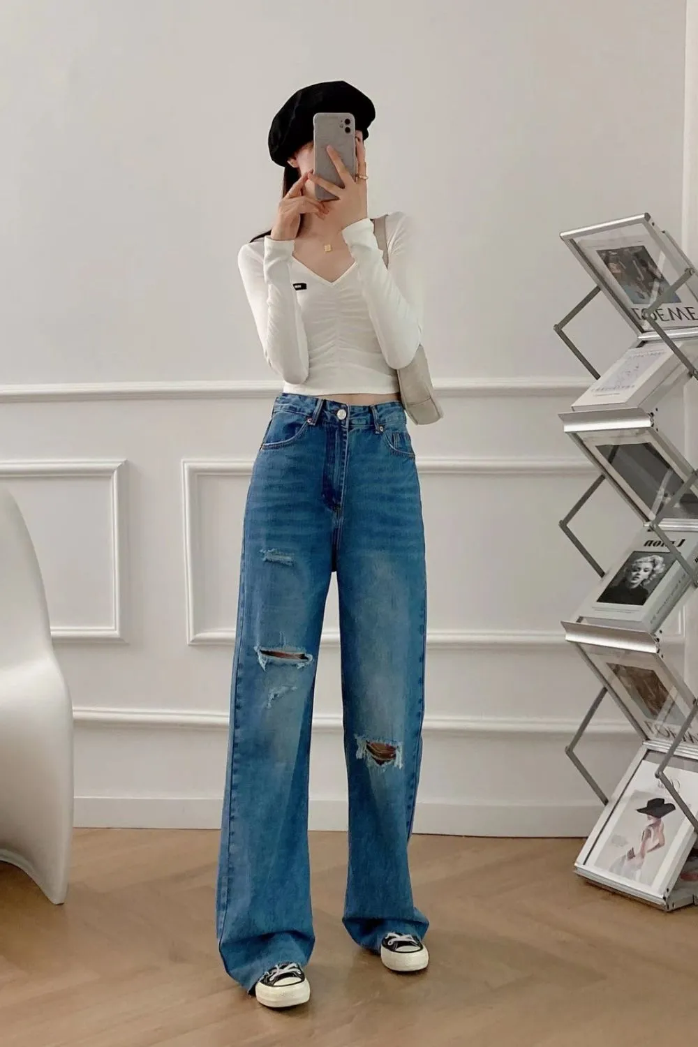 ‘Olesya’ High-Waisted Ripped Straight-Leg Jeans