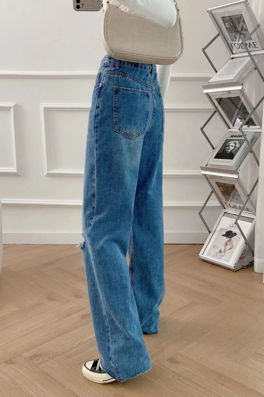 ‘Olesya’ High-Waisted Ripped Straight-Leg Jeans