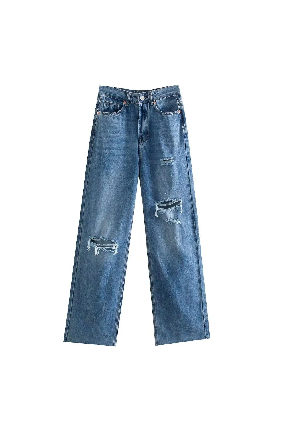 ‘Olesya’ High-Waisted Ripped Straight-Leg Jeans