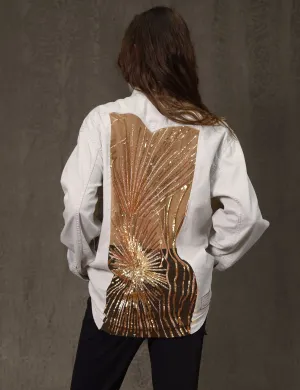 Party Back Shirt - Gold Art-Deco Sequin - White Denim
