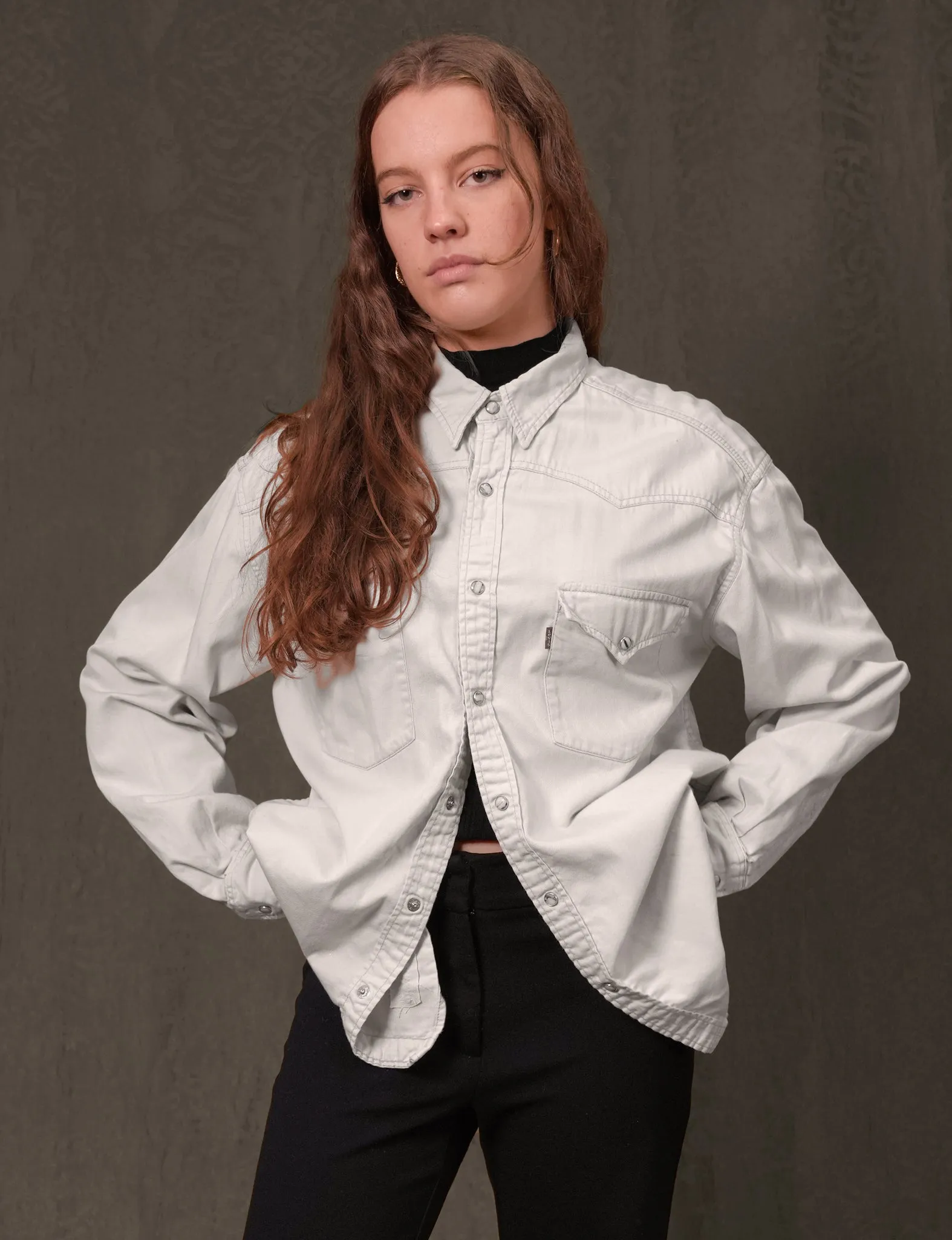 Party Back Shirt - Gold Art-Deco Sequin - White Denim