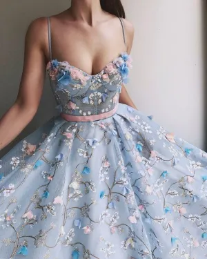 Princess Blue See Through Floral Spaghetti Straps A line Prom Dress Formal Dress