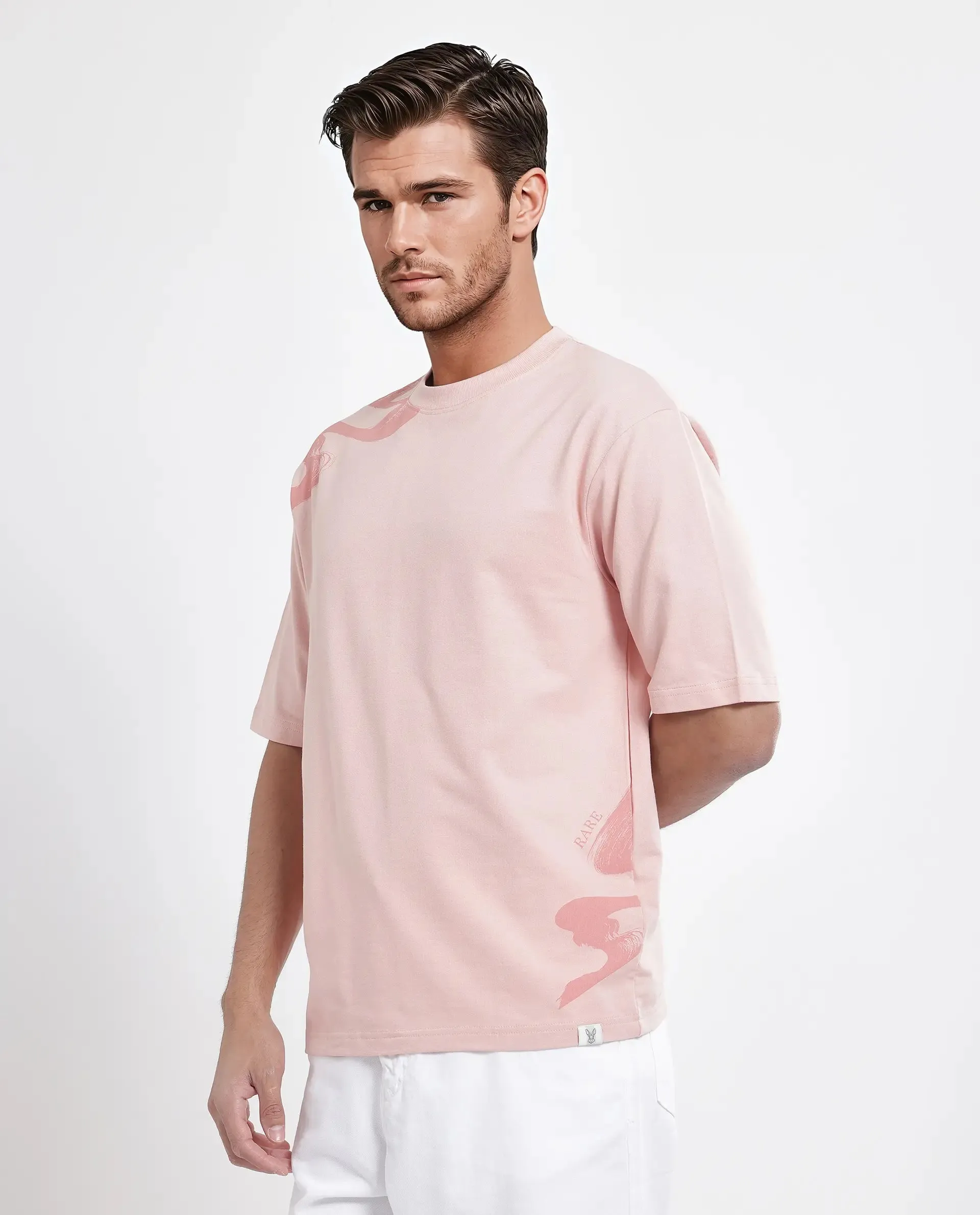 Rare Rabbit Men Jarn Light Orange Cotton Fabric Short Sleeve Crew Neck Qlo Fit Graphic Print T-Shirt