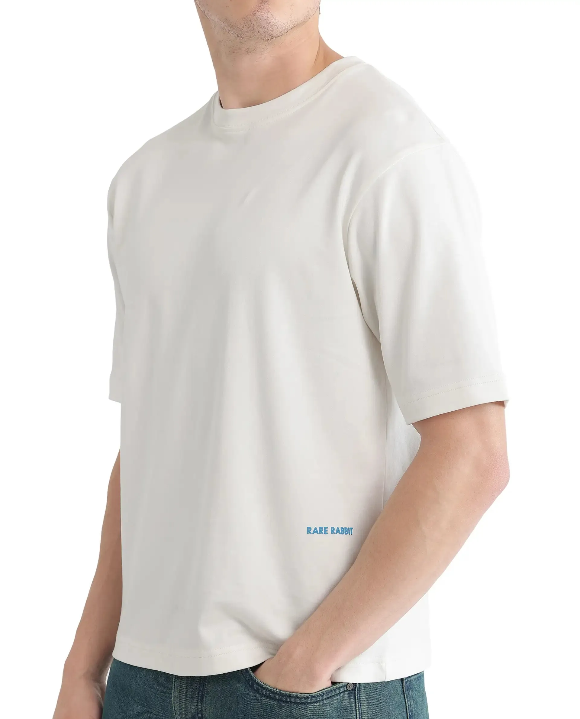 Rare Rabbit Men Jino Off White Cotton Fabric Short Sleeve Crew Neck Qlo Fit Graphic Print T-Shirt