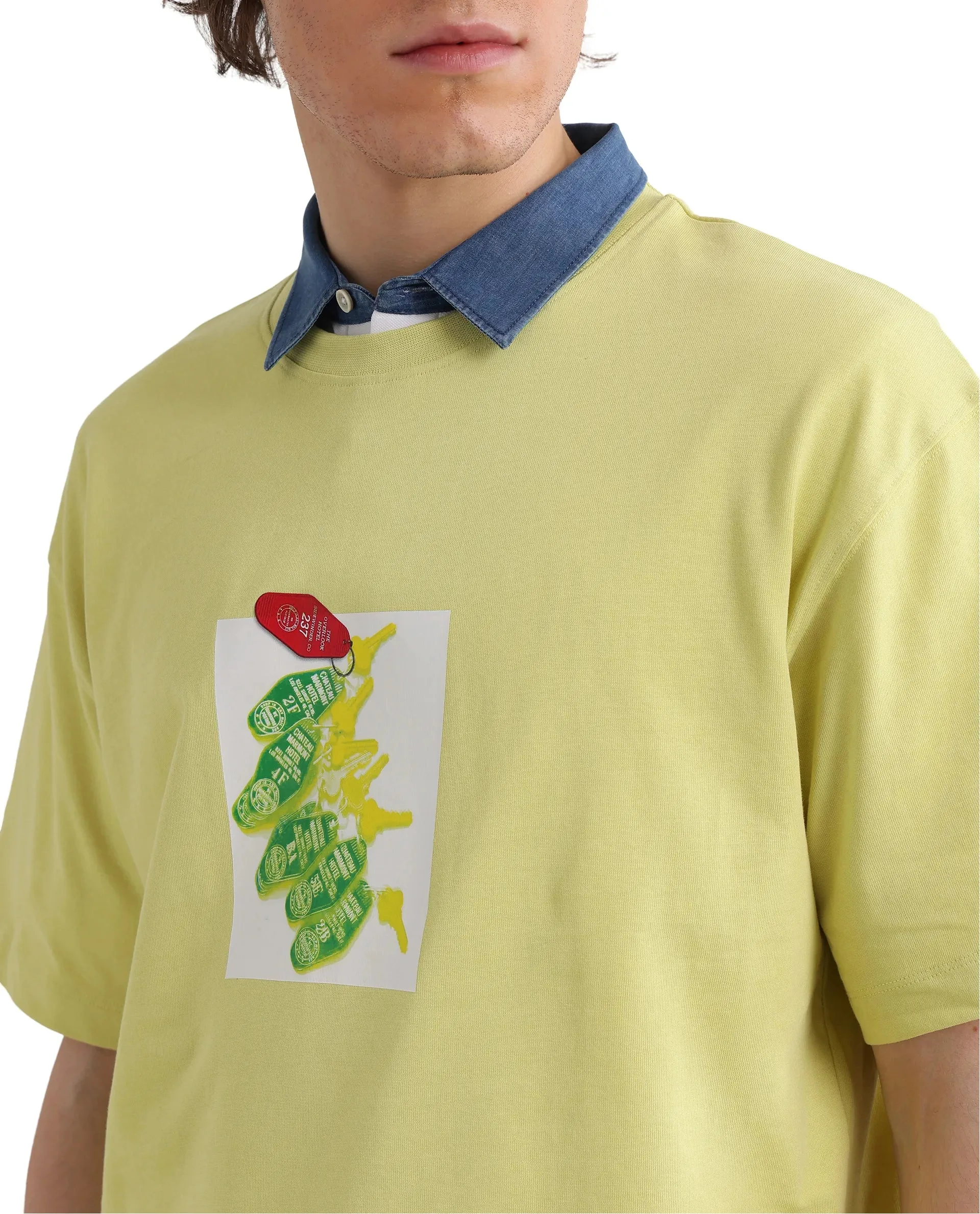 Rare Rabbit Men Just Light Yellow Cotton Fabric Short Sleeve Crew Neck Boxy Fit Graphic Print T-Shirt