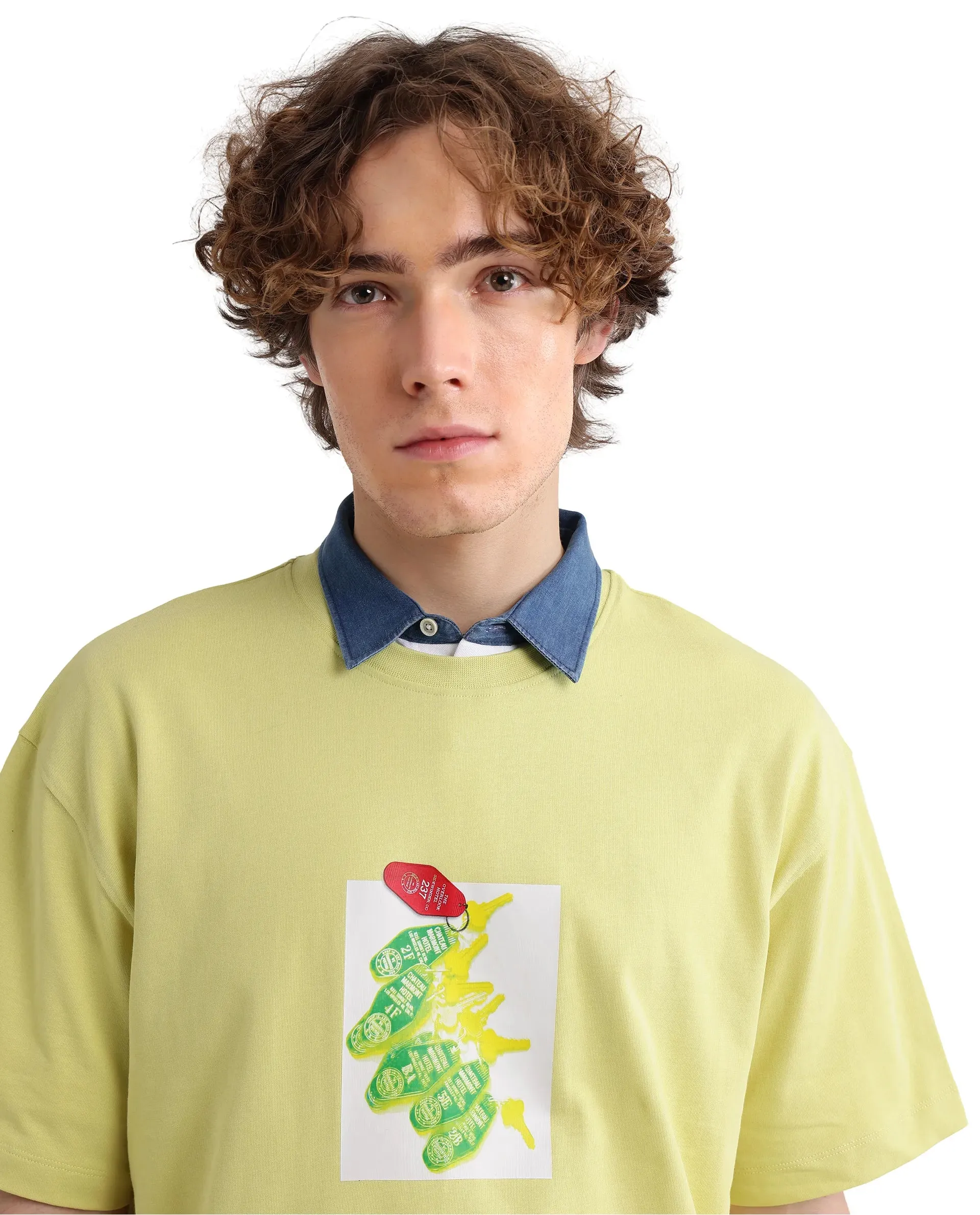 Rare Rabbit Men Just Light Yellow Cotton Fabric Short Sleeve Crew Neck Boxy Fit Graphic Print T-Shirt