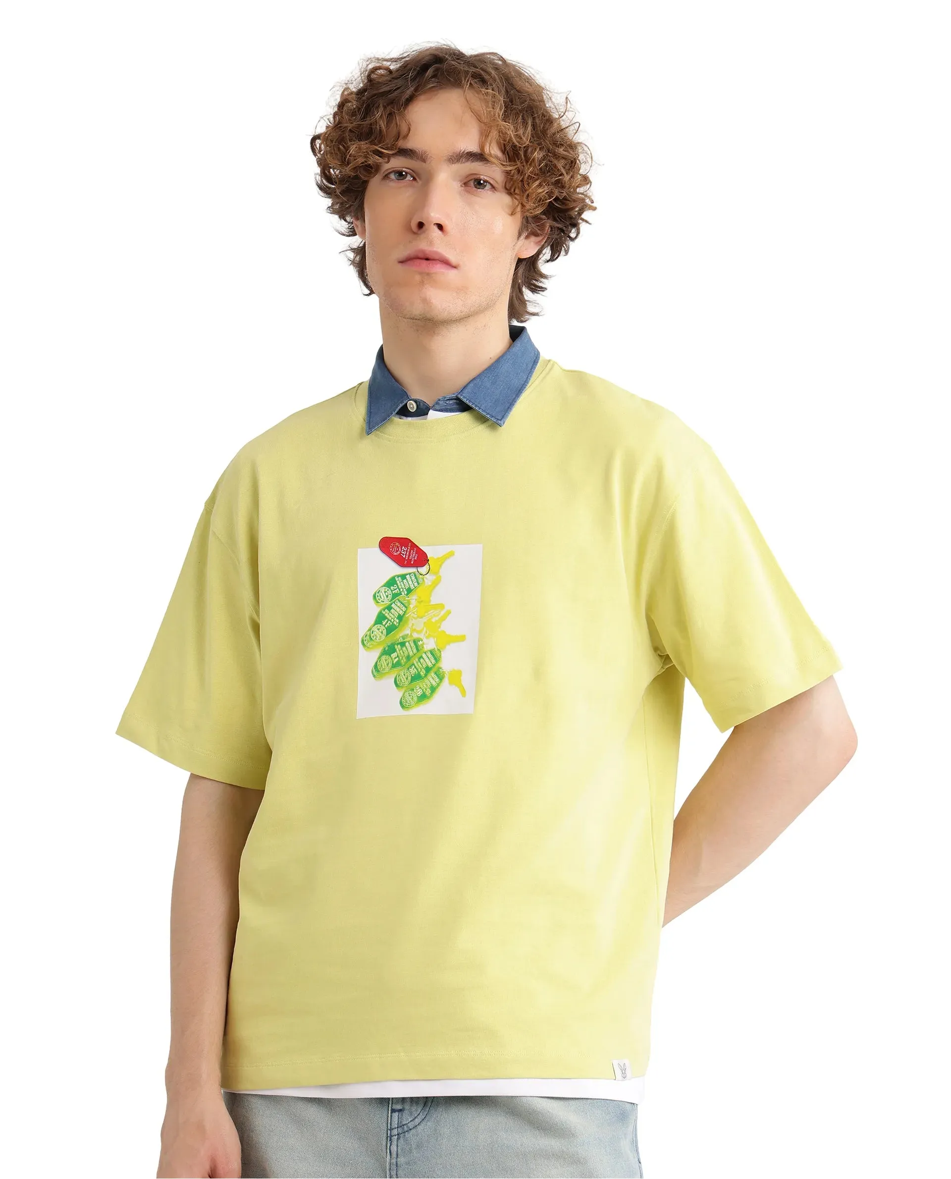 Rare Rabbit Men Just Light Yellow Cotton Fabric Short Sleeve Crew Neck Boxy Fit Graphic Print T-Shirt