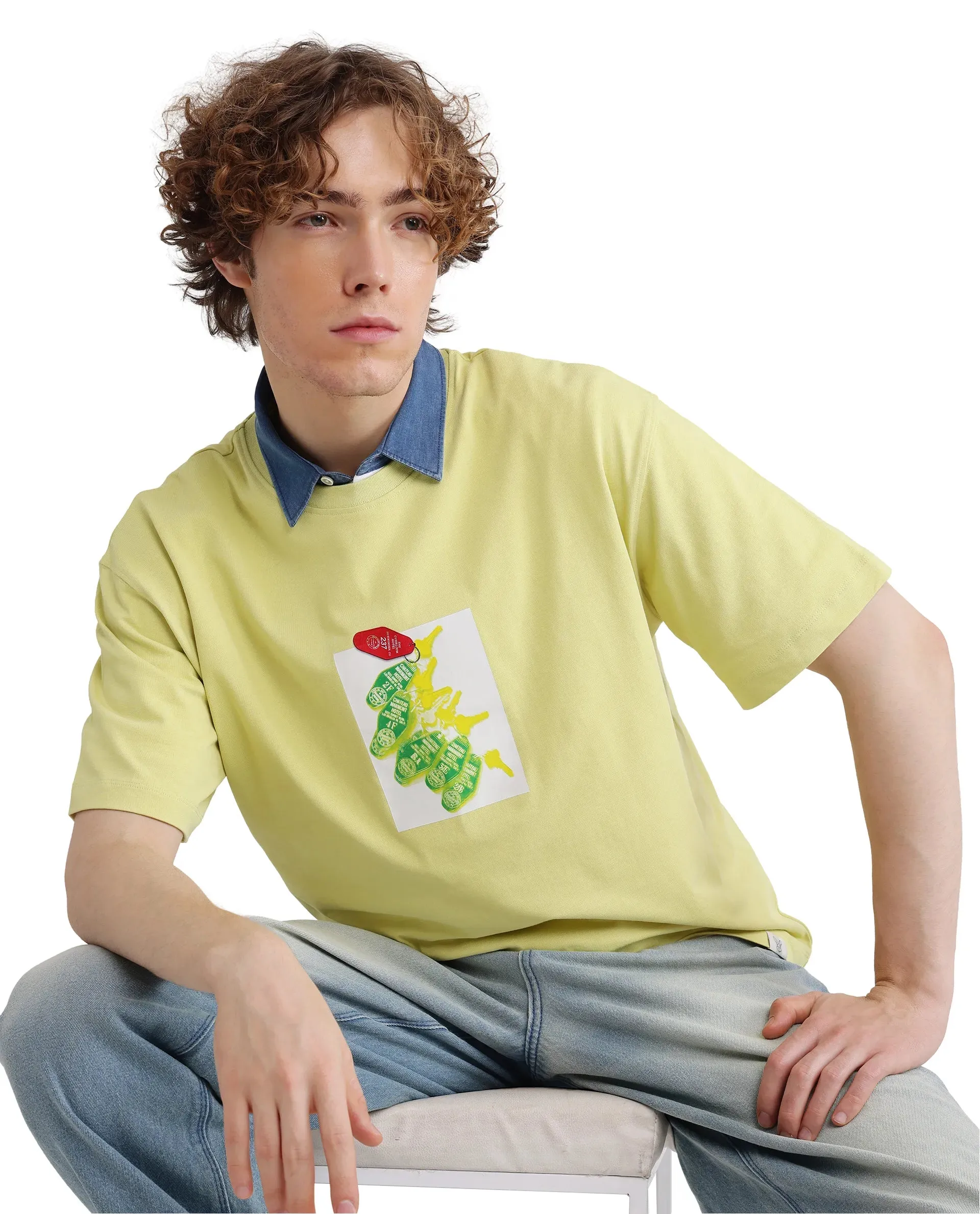 Rare Rabbit Men Just Light Yellow Cotton Fabric Short Sleeve Crew Neck Boxy Fit Graphic Print T-Shirt