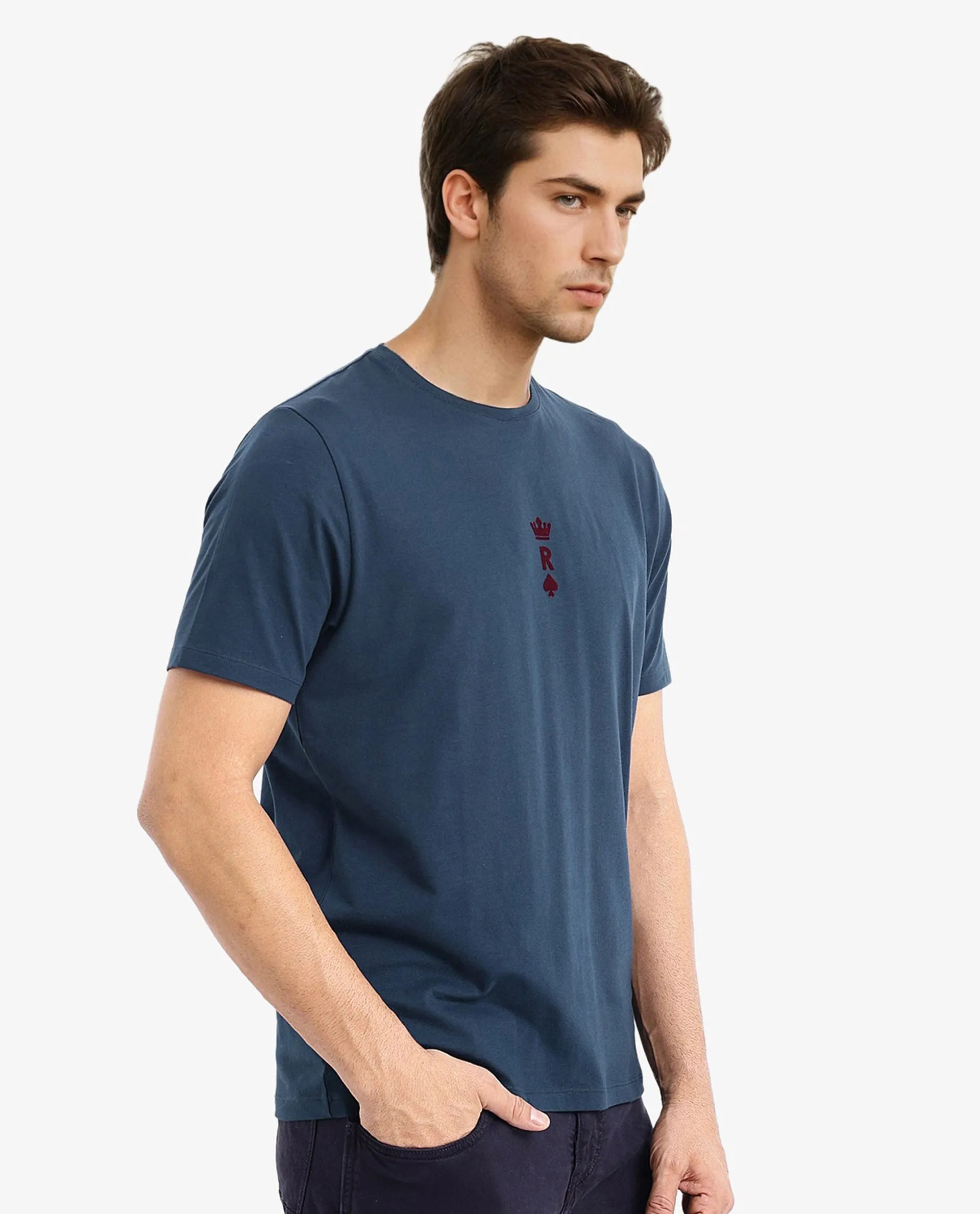 Rare Rabbit Men Miam Petrol Cotton Lycra Fabric Short Sleeve Crew Neck Regular Fit Flock Printed Crown T-Shirt