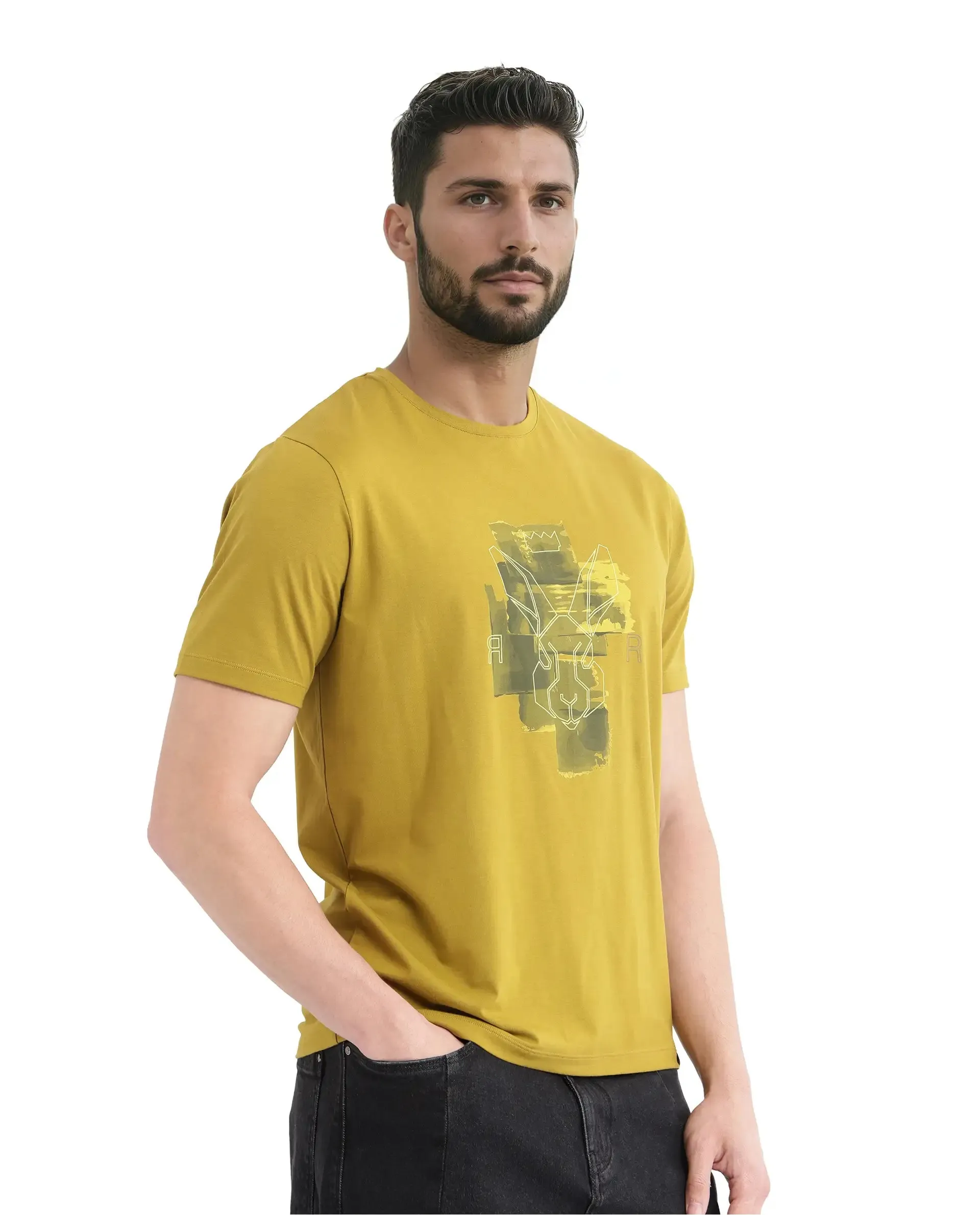 Rare Rabbit Men Nexi Olive Cotton Blend Fabric Short Sleeve Crew Neck HD Print Logo T-Shirt