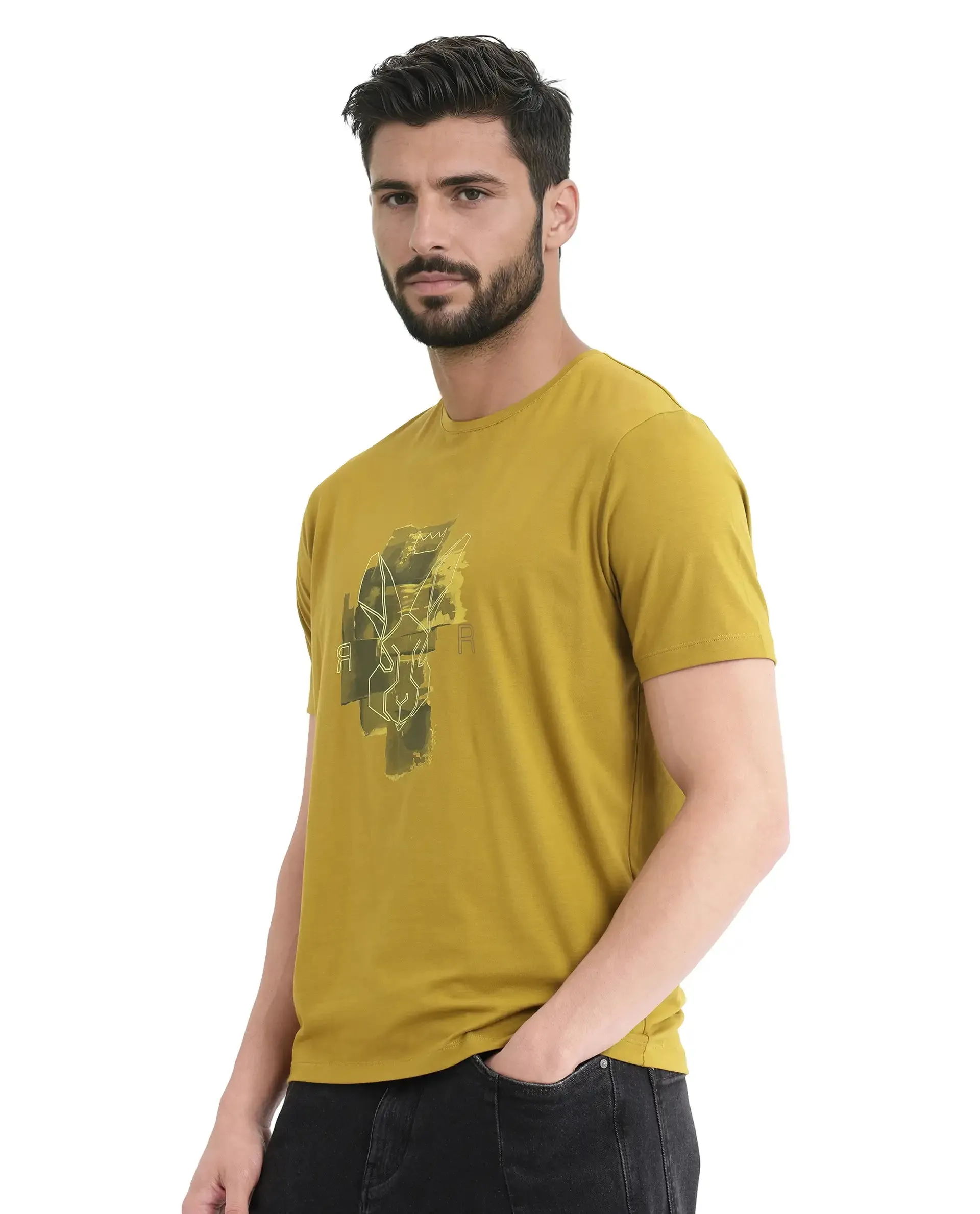 Rare Rabbit Men Nexi Olive Cotton Blend Fabric Short Sleeve Crew Neck HD Print Logo T-Shirt