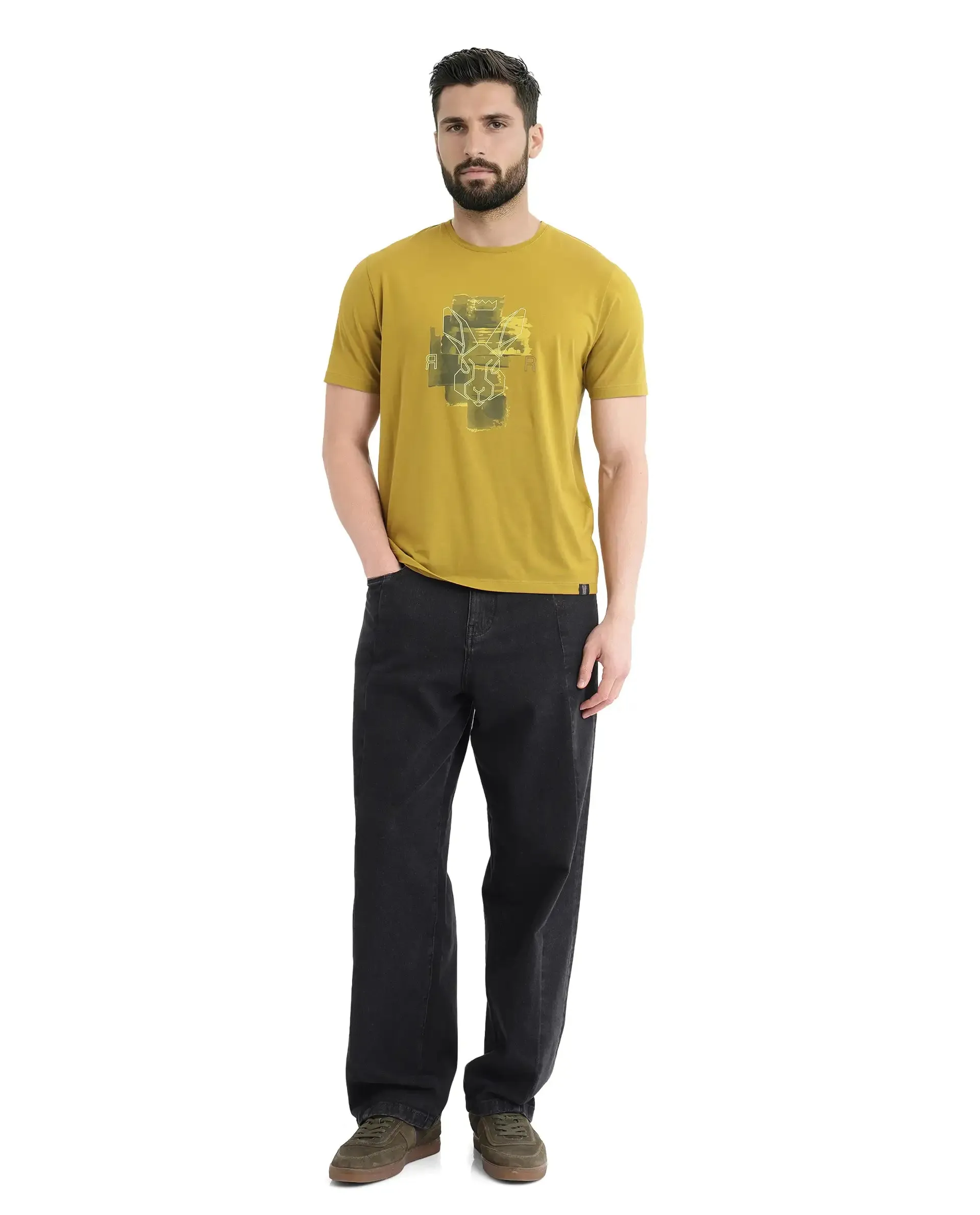 Rare Rabbit Men Nexi Olive Cotton Blend Fabric Short Sleeve Crew Neck HD Print Logo T-Shirt
