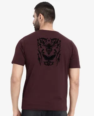 Rare Rabbit Men Tegor Maroon Cotton Lycra Fabric Short Sleeve Crew Neck Regular Fit Graphic Back Flock Print T-Shirt
