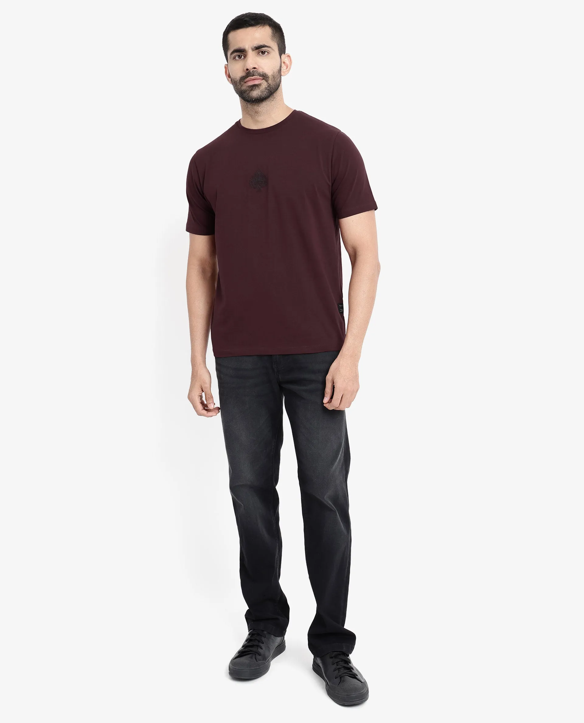 Rare Rabbit Men Tegor Maroon Cotton Lycra Fabric Short Sleeve Crew Neck Regular Fit Graphic Back Flock Print T-Shirt