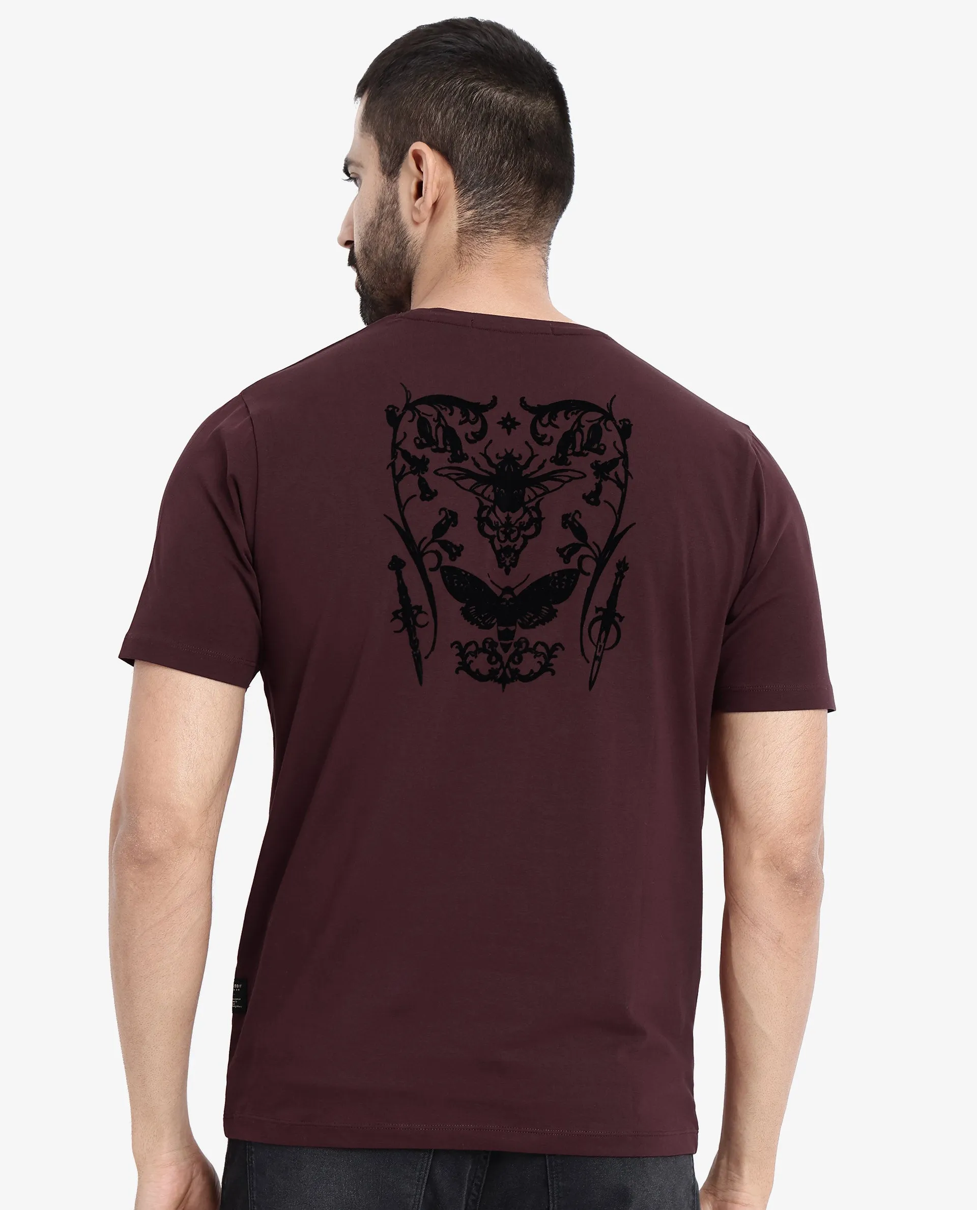 Rare Rabbit Men Tegor Maroon Cotton Lycra Fabric Short Sleeve Crew Neck Regular Fit Graphic Back Flock Print T-Shirt