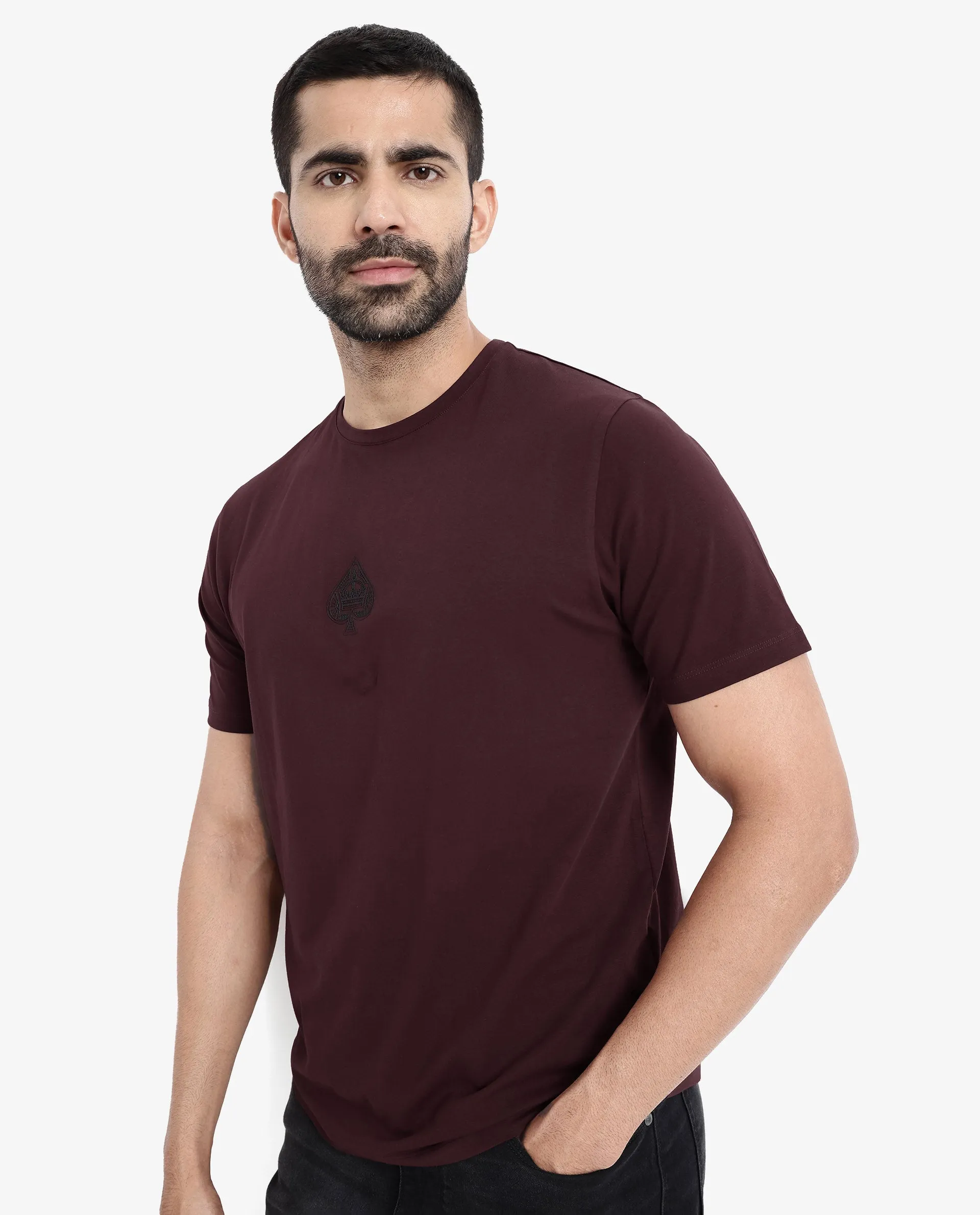 Rare Rabbit Men Tegor Maroon Cotton Lycra Fabric Short Sleeve Crew Neck Regular Fit Graphic Back Flock Print T-Shirt