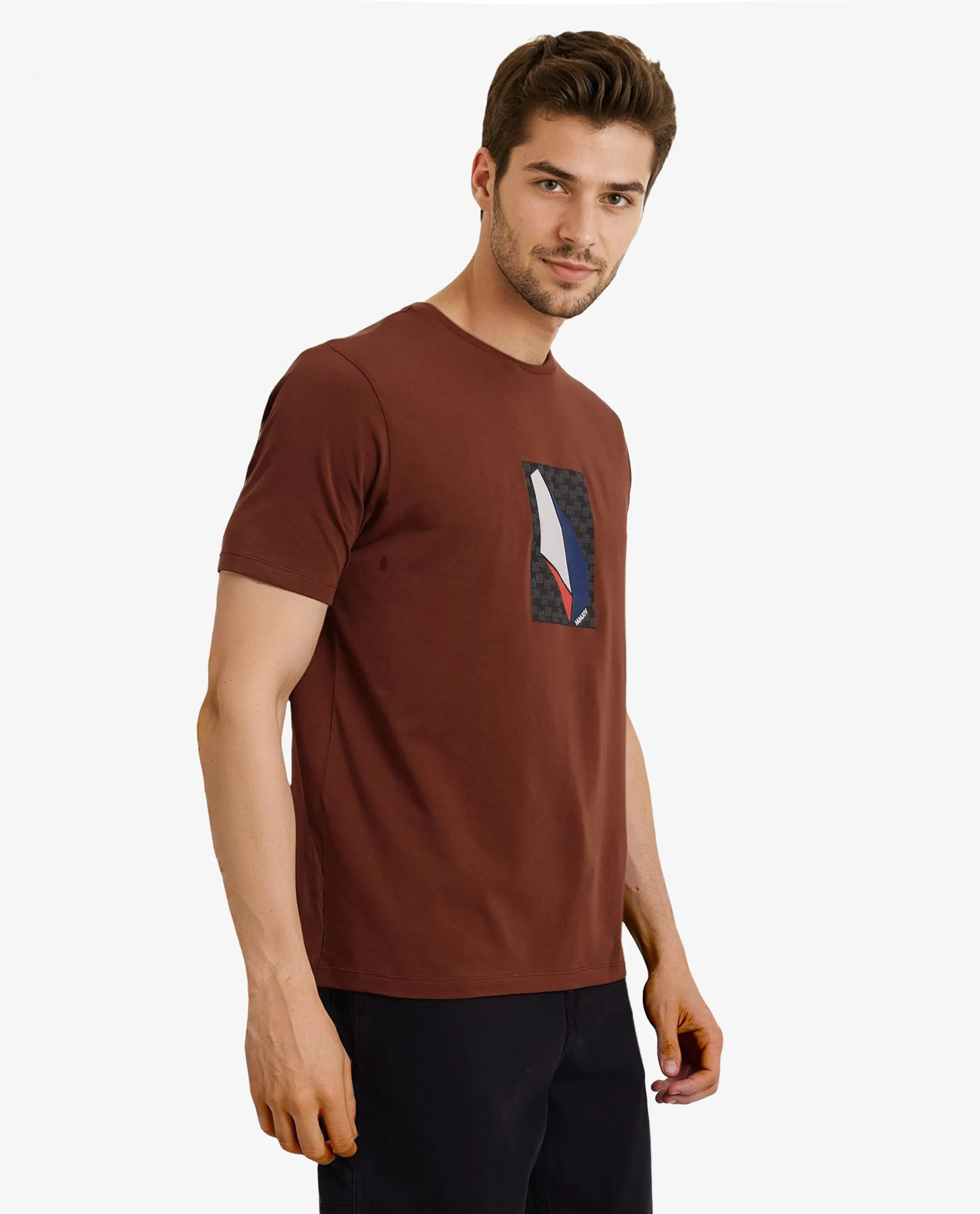 Rare Rabbit Men Well Rust Cotton Lycra Fabric Short Sleeve Crew Neck Regular Fit Graphic Chest Print T-Shirt