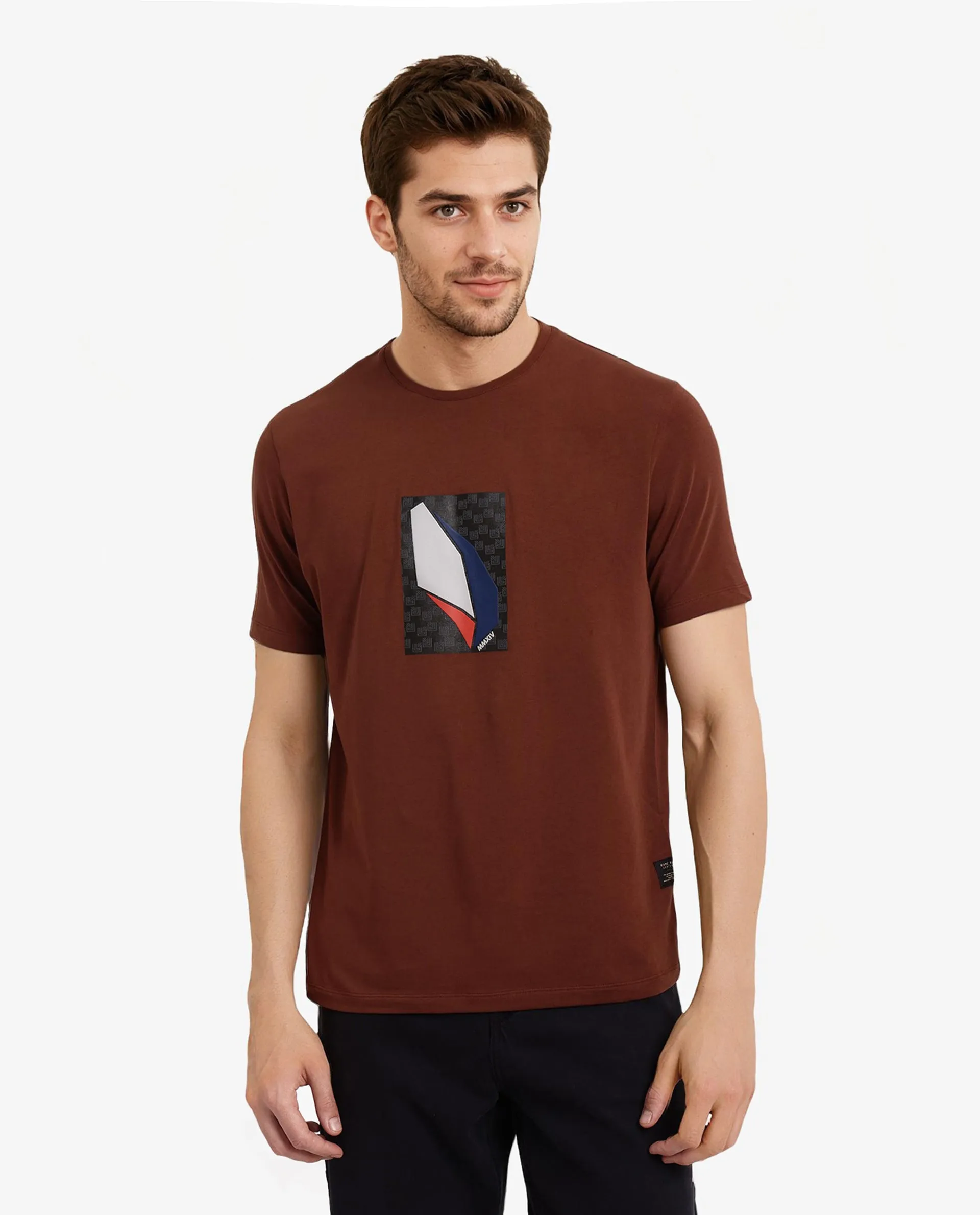 Rare Rabbit Men Well Rust Cotton Lycra Fabric Short Sleeve Crew Neck Regular Fit Graphic Chest Print T-Shirt
