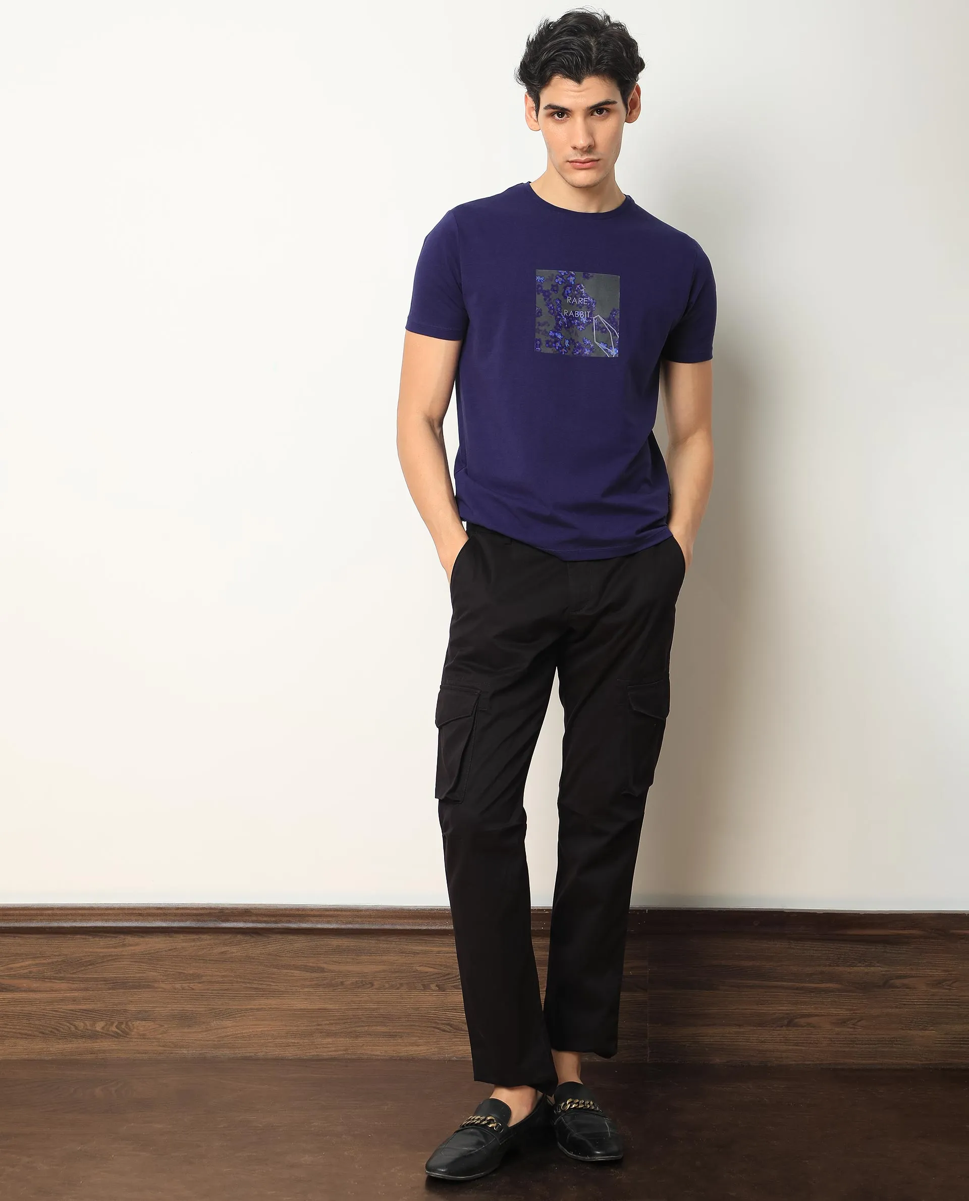 Rare Rabbit Men's Capri Purple Crew Neck Graphic Printed Half Sleeves Slim Fit T-Shirt