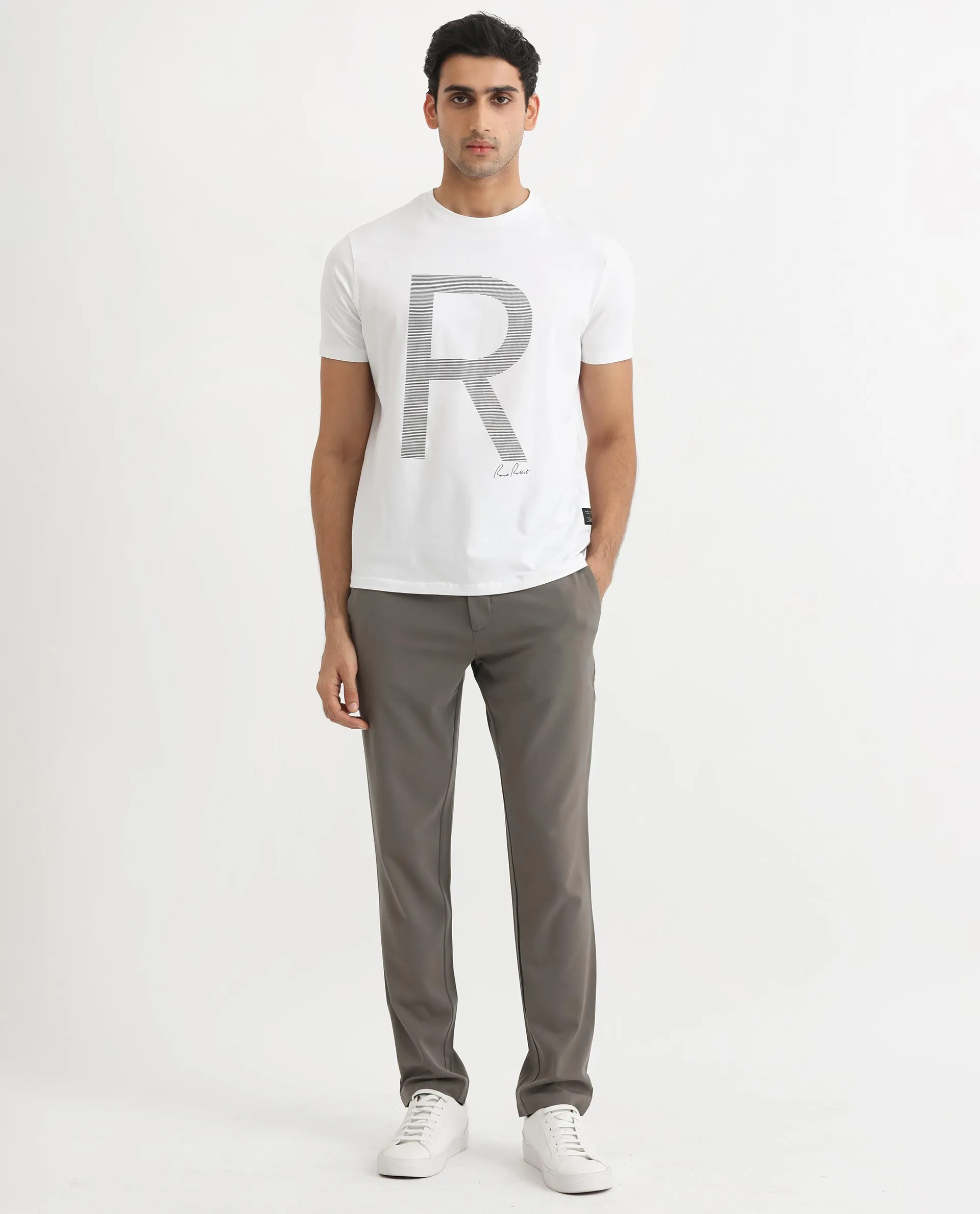 Rare Rabbit Men's Radd White Crew Neck Logo Printed Half Sleeves Slim Fit T-Shirt