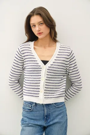 Robin Long Sleeve Button Down Stripe Print Knit Cardigan Navy
