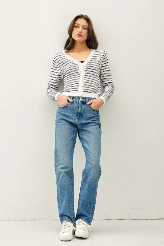 Robin Long Sleeve Button Down Stripe Print Knit Cardigan Navy