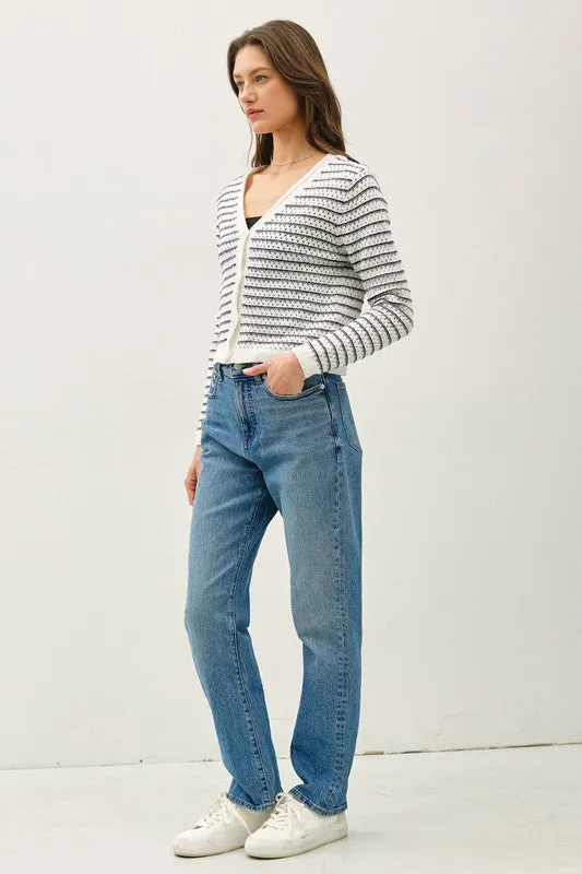 Robin Long Sleeve Button Down Stripe Print Knit Cardigan Navy