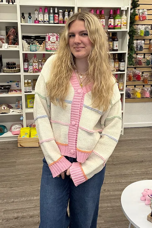 Seren - Stripe Button Down Sweater Cardigan - Cream