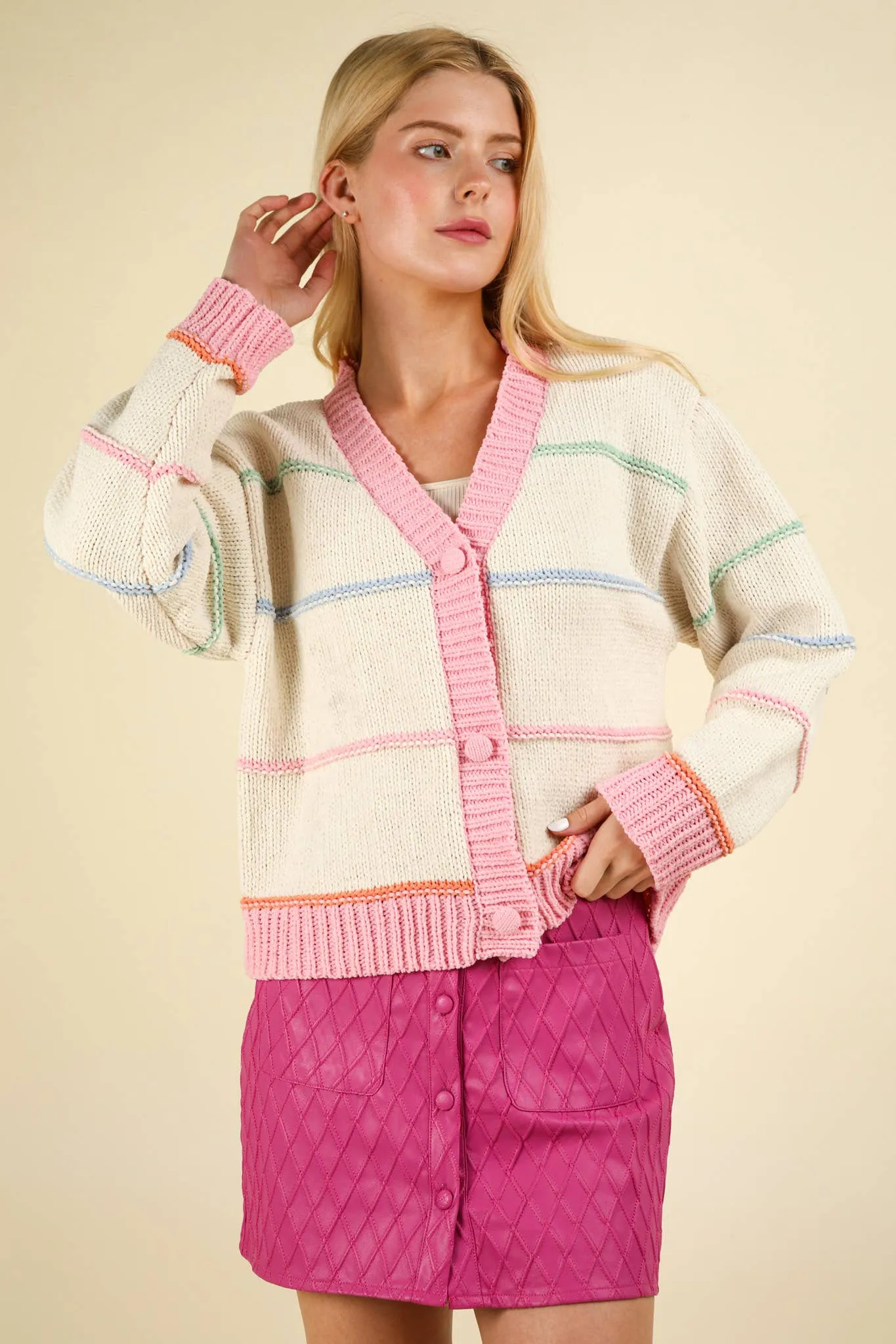 Seren - Stripe Button Down Sweater Cardigan - Cream