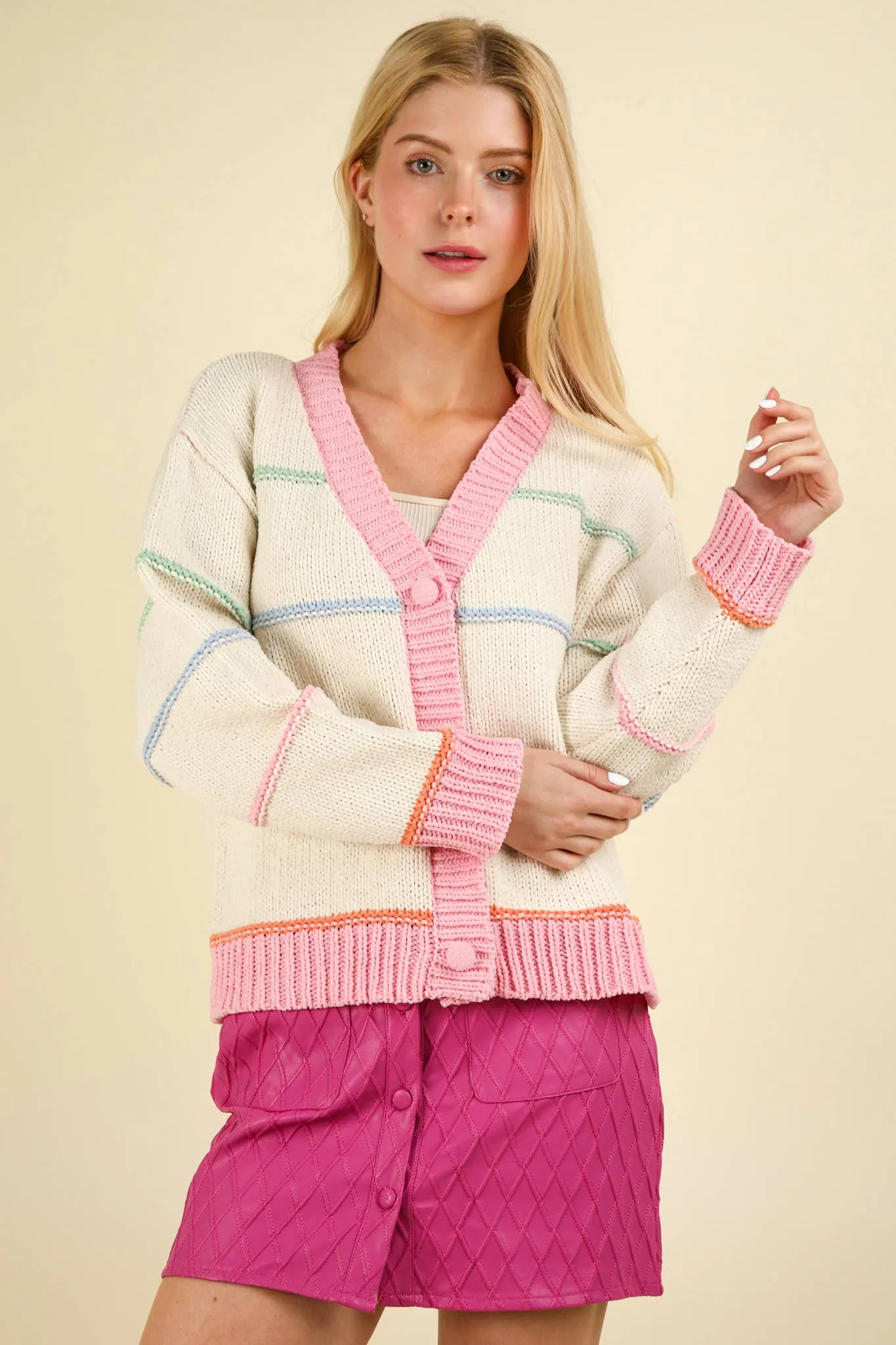 Seren - Stripe Button Down Sweater Cardigan - Cream