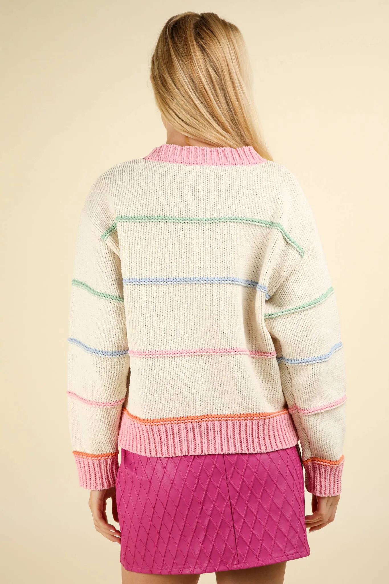 Seren - Stripe Button Down Sweater Cardigan - Cream