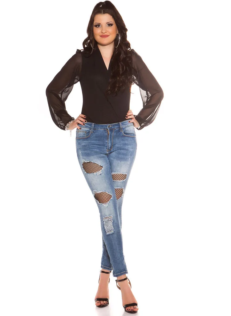 Sexy Curvy Girl Plus size ripped Skinny jeans with Black net inserts.