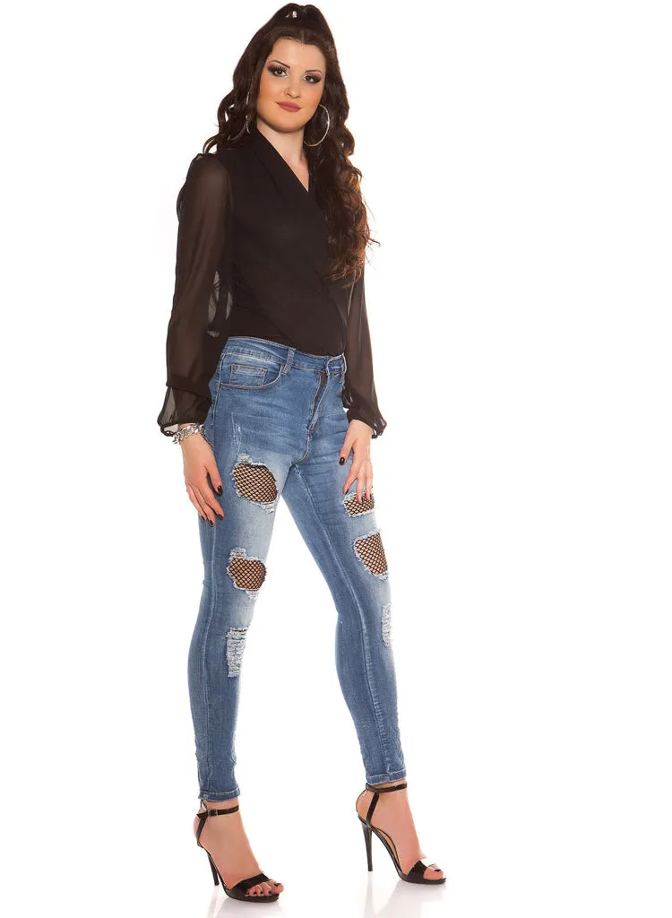 Sexy Curvy Girl Plus size ripped Skinny jeans with Black net inserts.