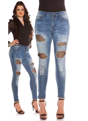 Sexy Curvy Girl Plus size ripped Skinny jeans with Black net inserts.