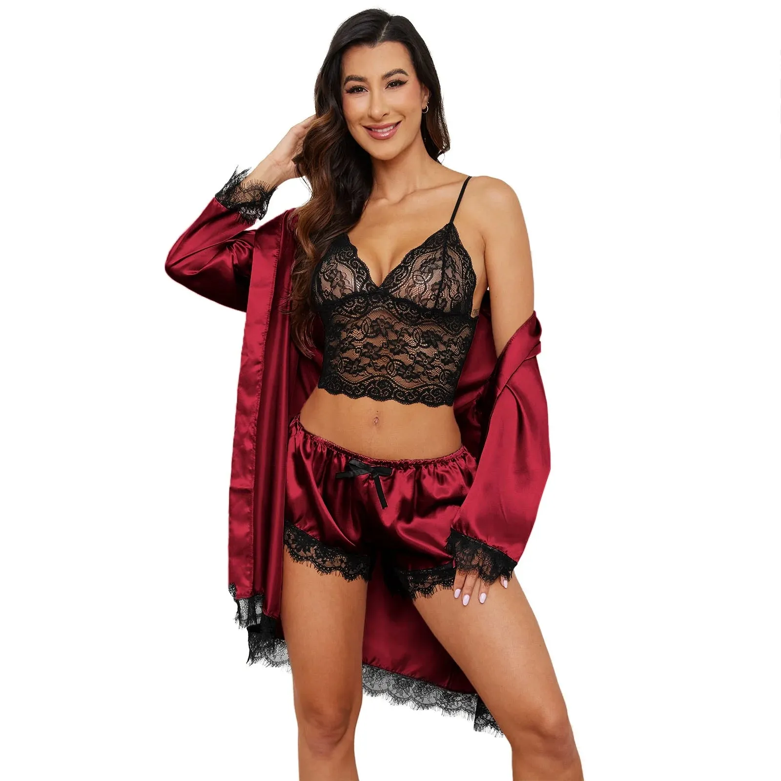 Sexy Silk Satin Pajamas for Women, Sets of 4 Pcs with Floral Lace Top Shorts and Robe